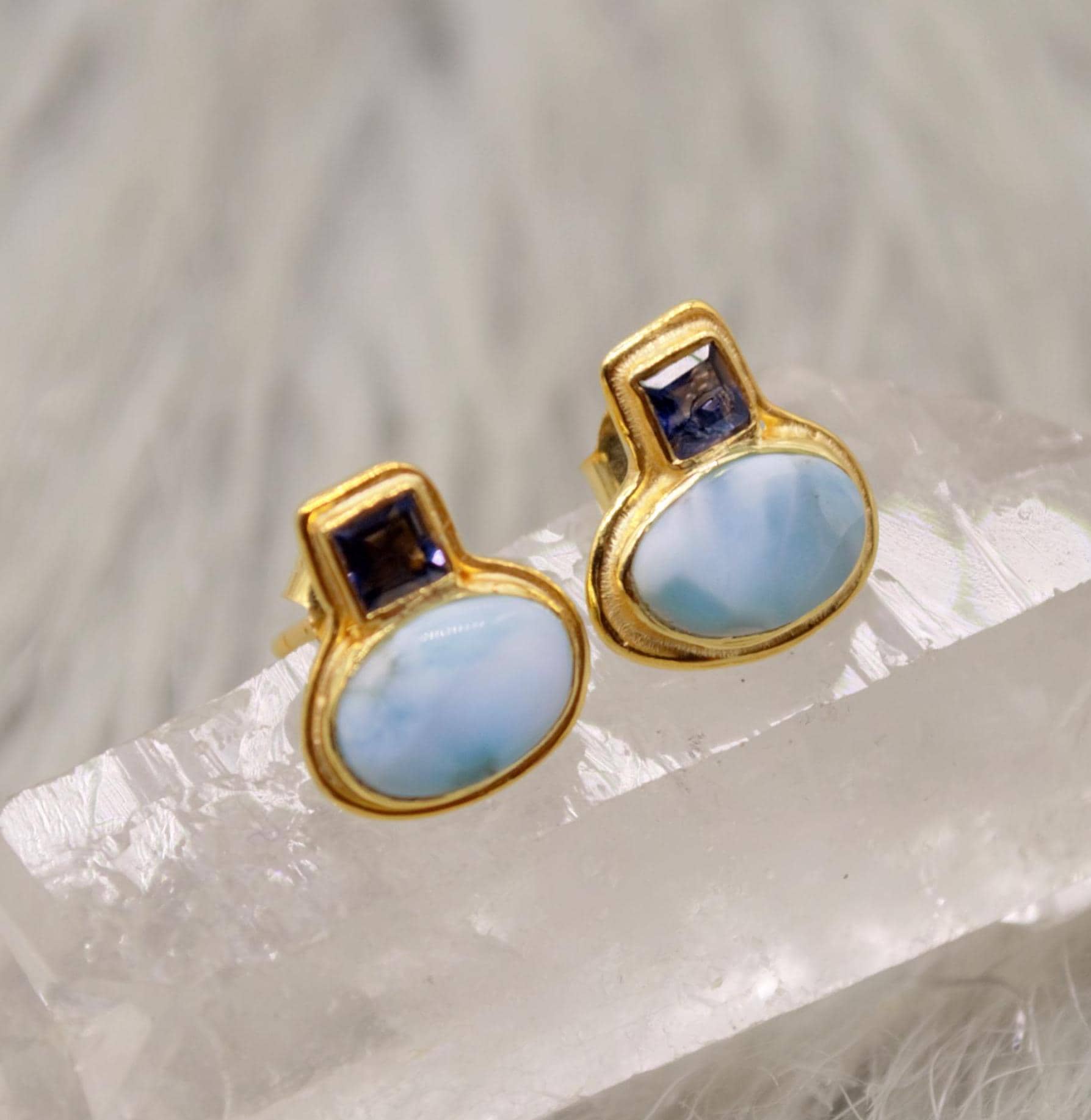 Larimar Earrings, Iolite and Larimar Gemstone, Gold Plated Sterling silver, Dainty Studs Earrings, Handmade Birthday Gift For Her