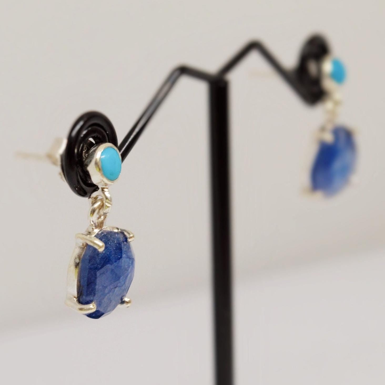 Blue Sapphire, Turquoise Earrings, Sterling Silver Teardrop Earrings, September, December Birthstone, Birthday Gift For Her, Cute Gemstone