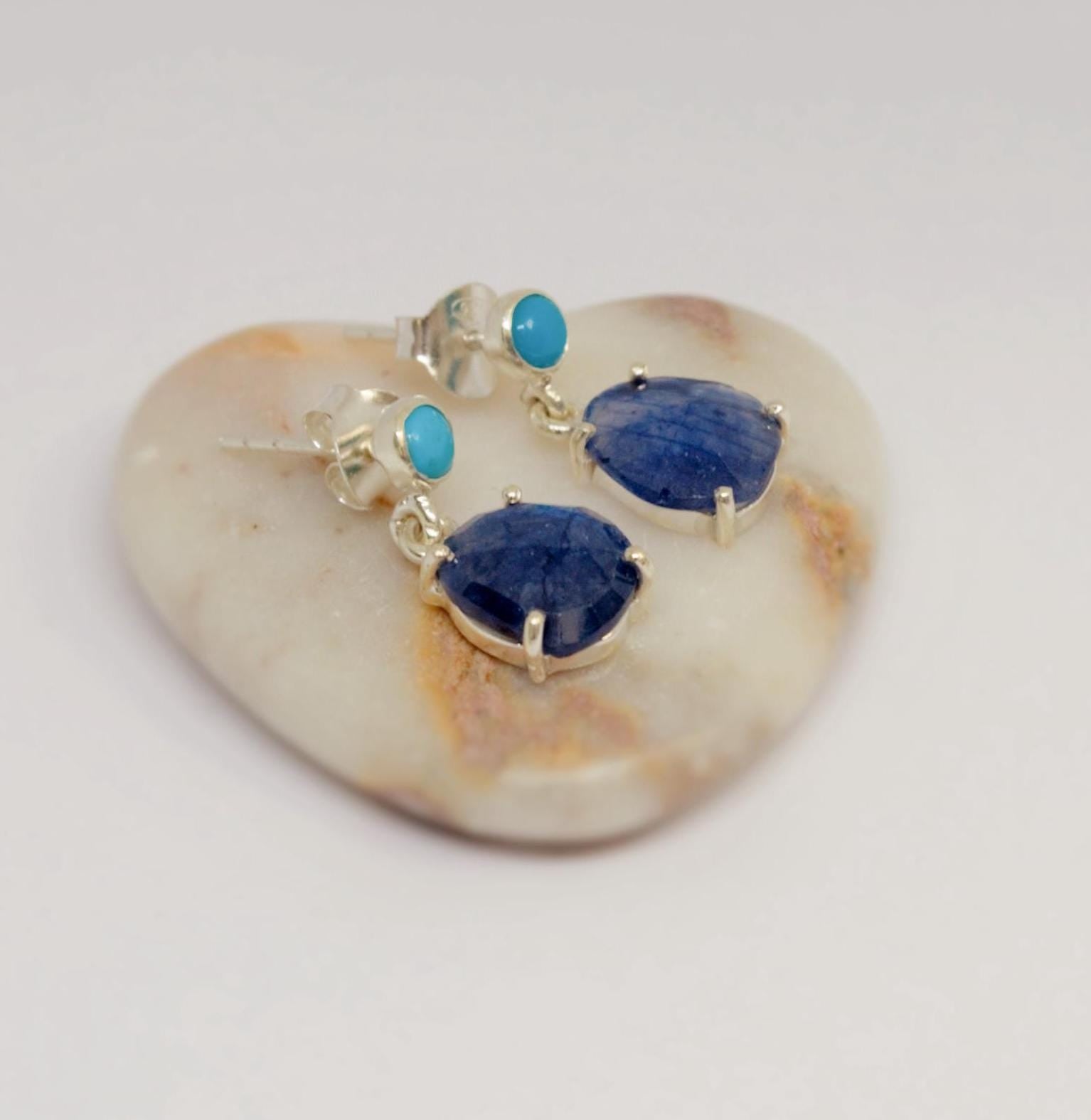 Blue Sapphire, Turquoise Earrings, Sterling Silver Teardrop Earrings, September, December Birthstone, Birthday Gift For Her, Cute Gemstone