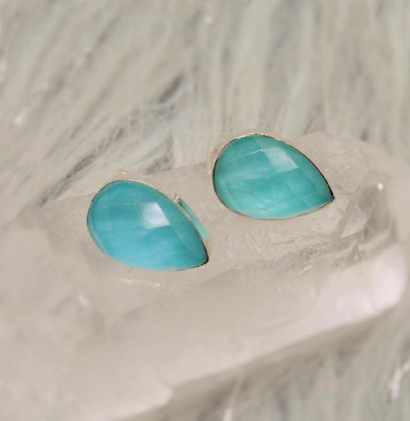 Blue Turquoise Stud Earrings, Sterling Silver Earrings, Dainty Gemstone Boho Earrings, December Birthstone, Birthday Gifts For Her