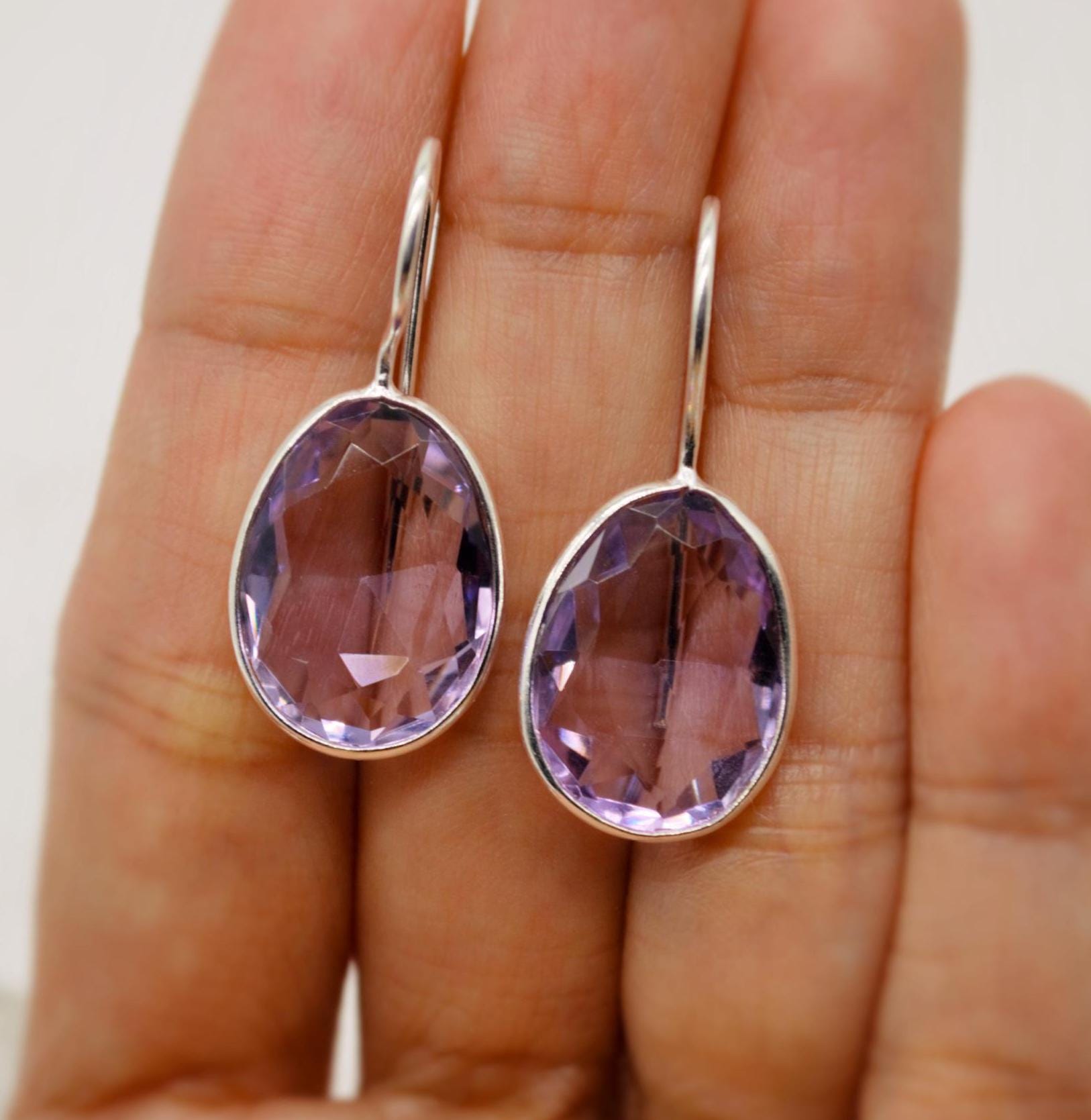 Purple Amethyst Sterling Silver Earrings, February Birthstone, Dainty Statement Unique Gemstone Dangle Drop Earrings, Gifts For Her