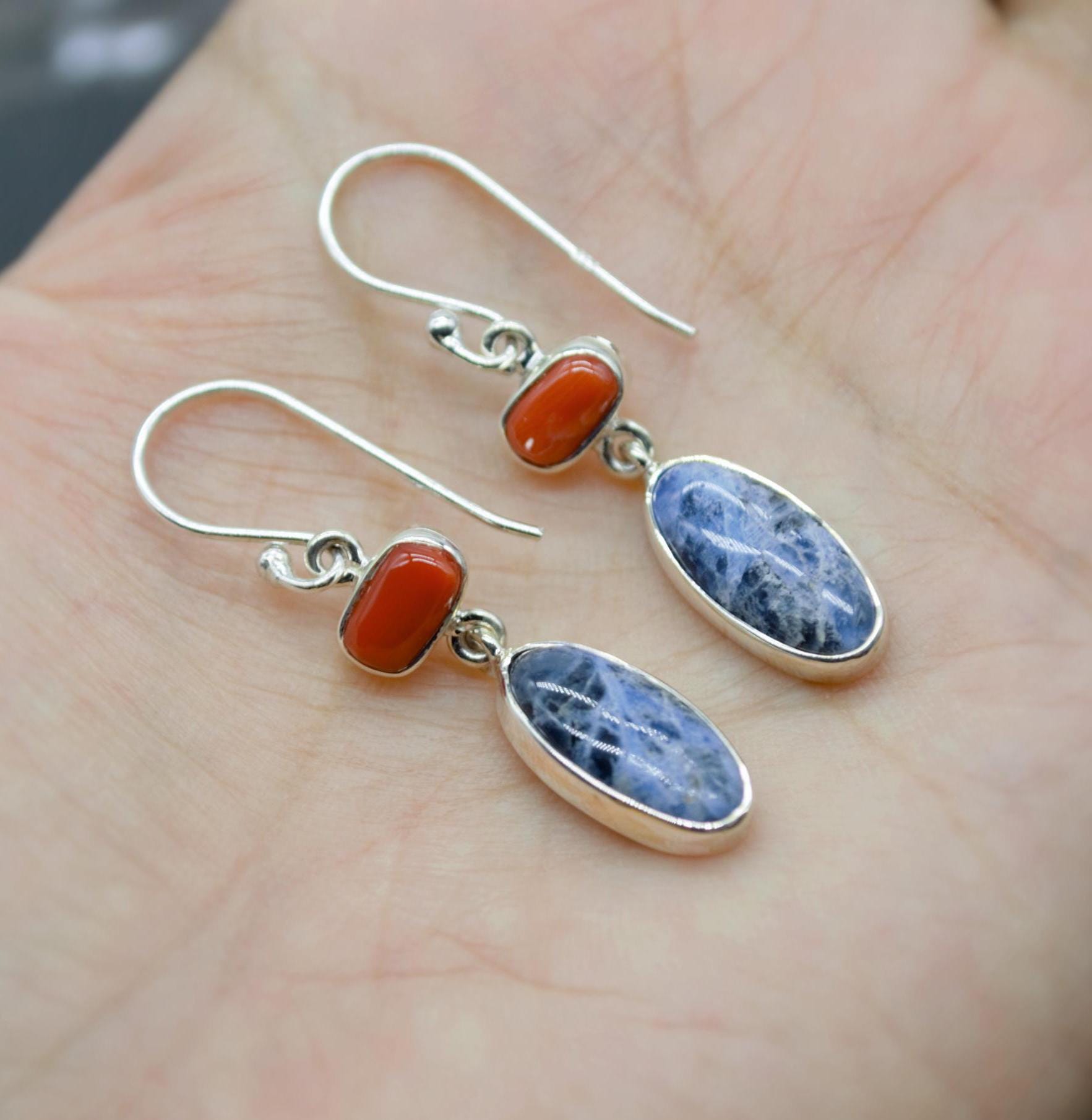 Red Coral, Blue Sapphire Silver Dangle Earrings - Handmade Gift for Her, September Birthstone Earrings