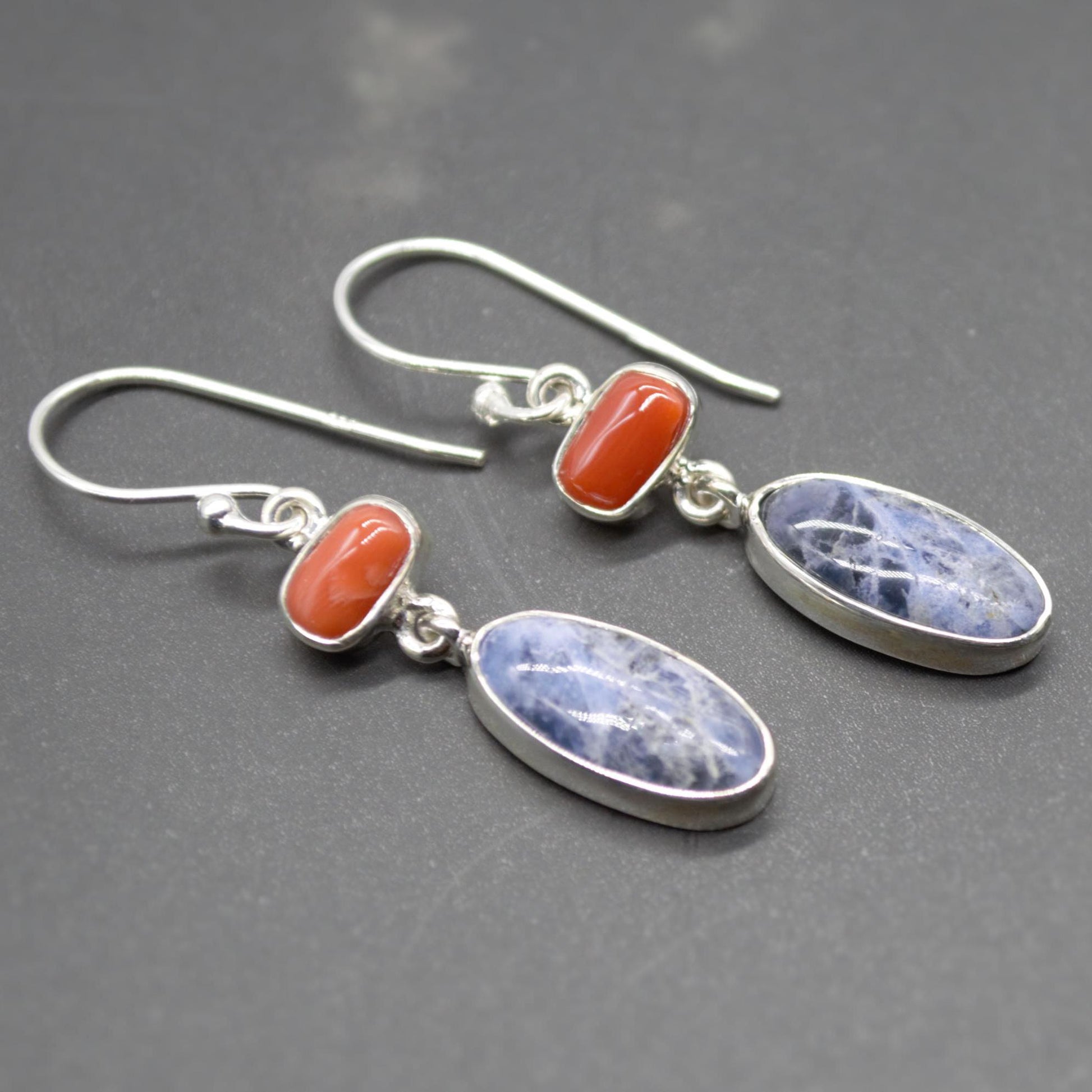 Red Coral, Blue Sapphire Silver Dangle Earrings - Handmade Gift for Her, September Birthstone Earrings