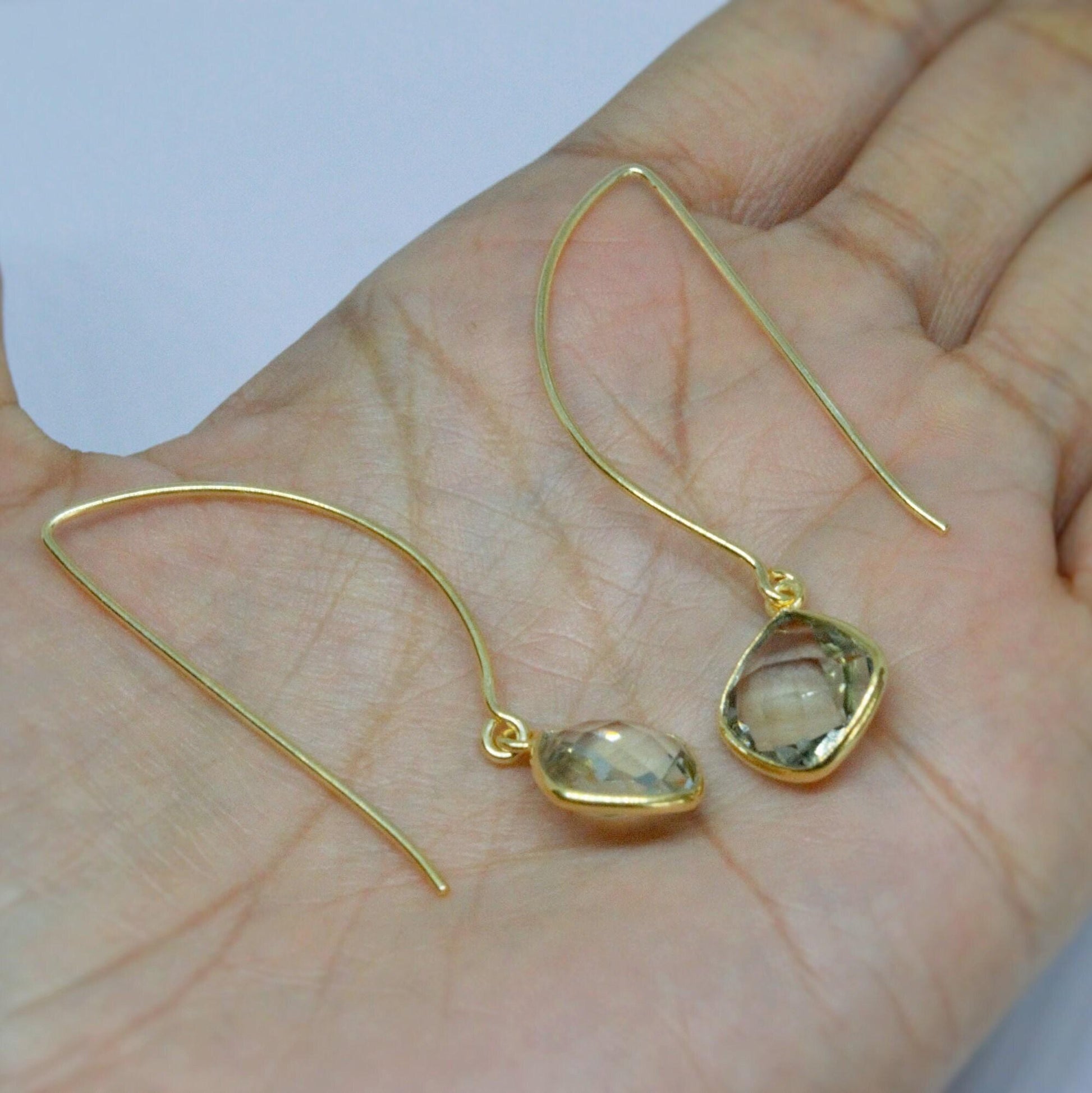 Green Amethyst Gold Dangle Drop Earrings, February Birthstone Sterling Silver Gemstone Earrings, Gifts For Her, Earrings For Women