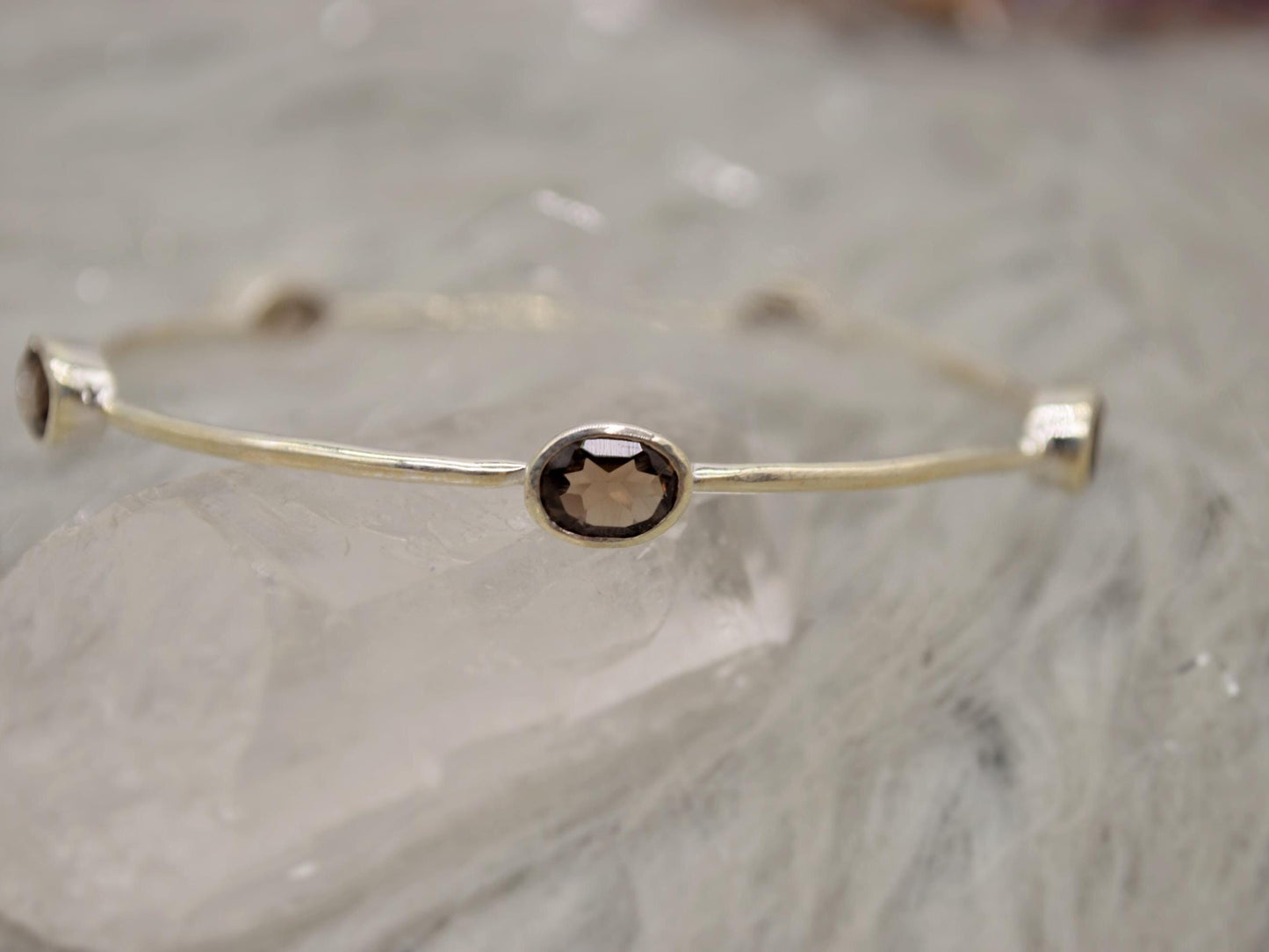 Smoky Quartz Silver Bangle Bracelet, Sterling Silver Bracelets For Women, 6cm Diameter, Unique Handmade Brown Gemstone Bangle