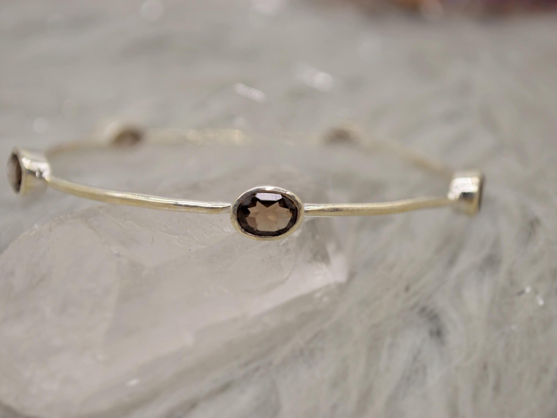 Smoky Quartz Silver Bangle Bracelet, Sterling Silver Bracelets For Women, 6cm Diameter, Unique Handmade Brown Gemstone Bangle