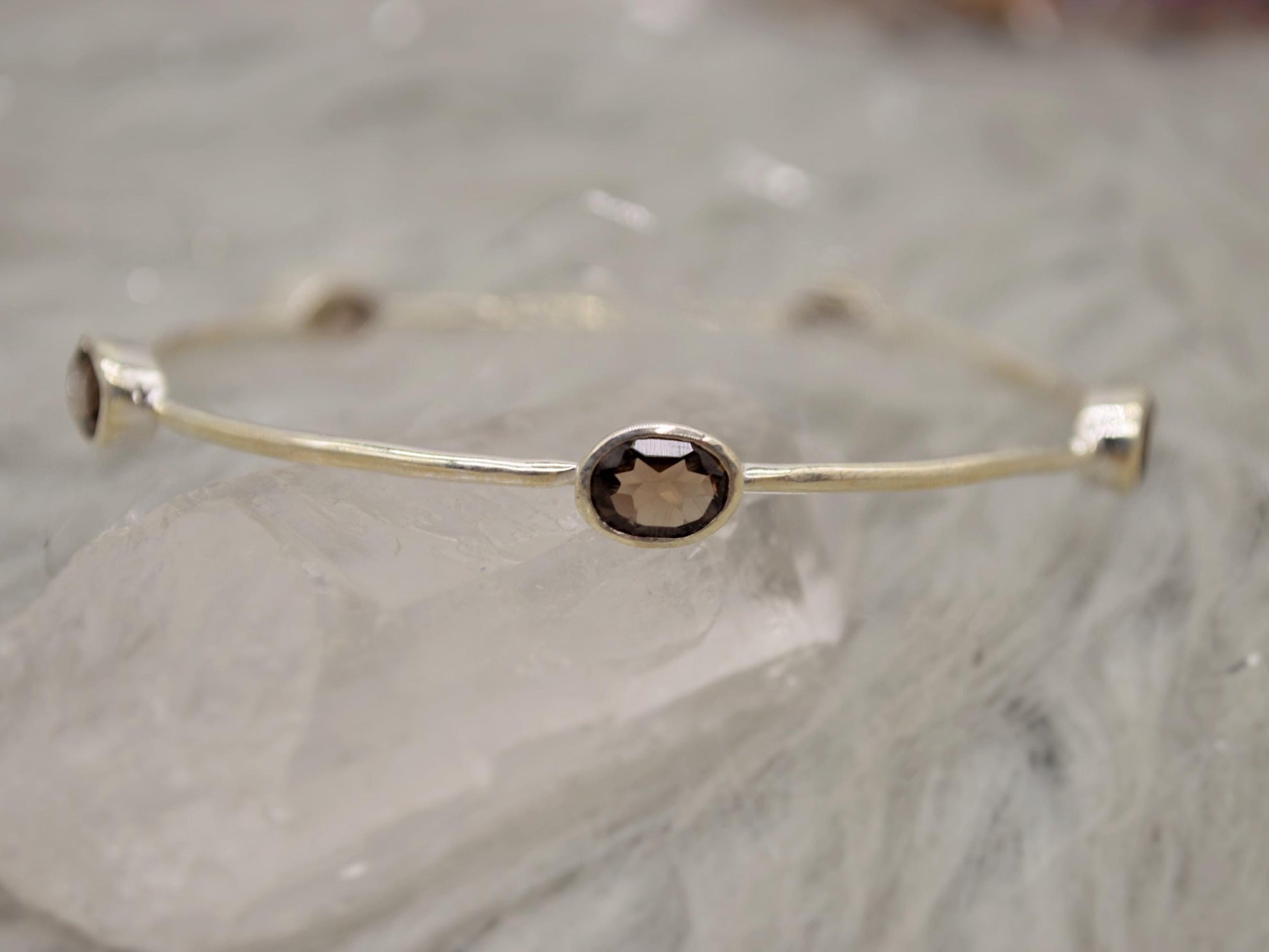 Smoky Quartz Silver Bangle Bracelet, Sterling Silver Bracelets For Women, 6cm Diameter, Unique Handmade Brown Gemstone Bangle