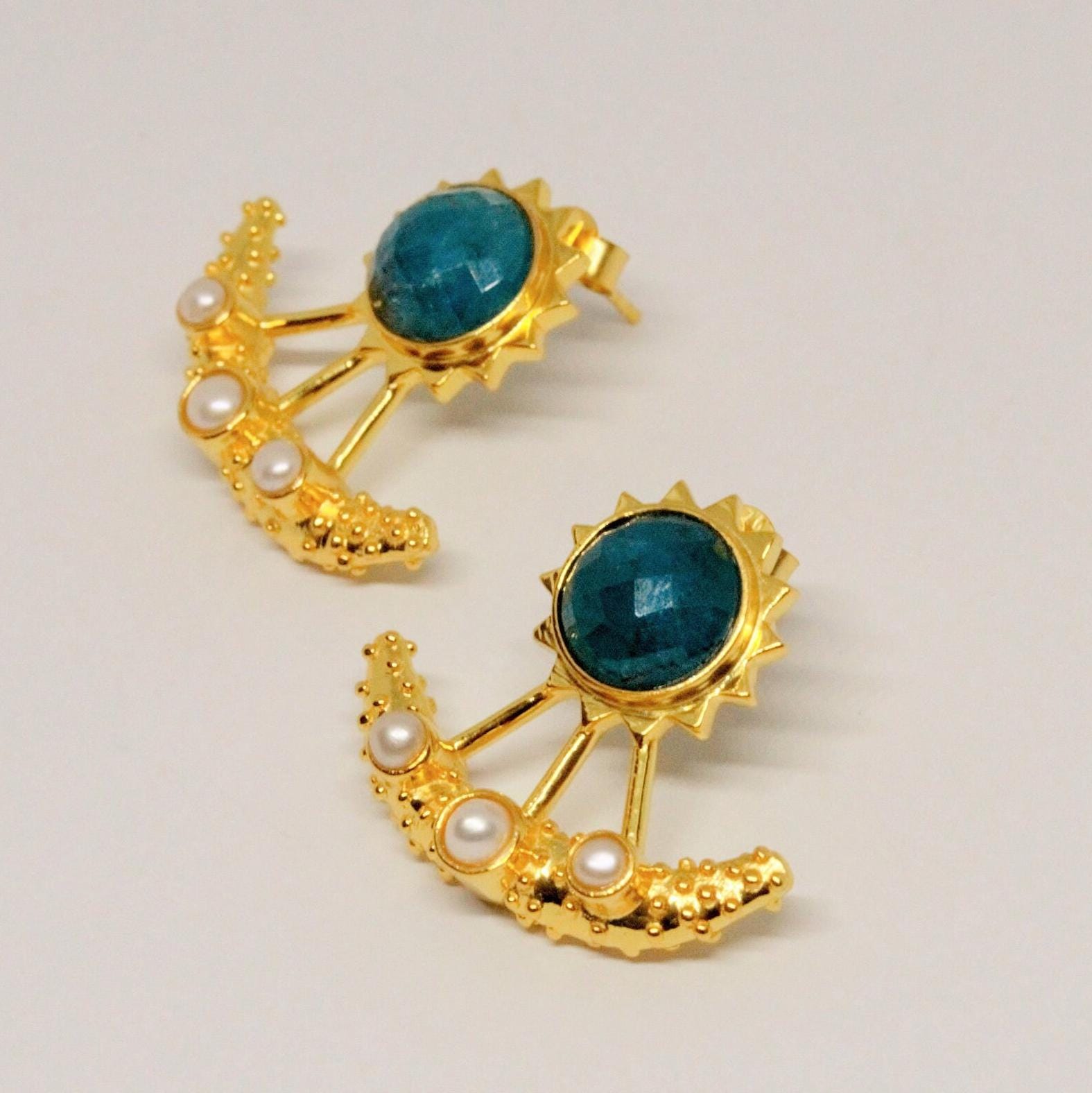 Blue Apatite, Pearl Gold Earrings, June Birthstone Jewelry, Gemstone Dangle Drop Earrings, Bridal Wedding Earrings, Indian Jewelry
