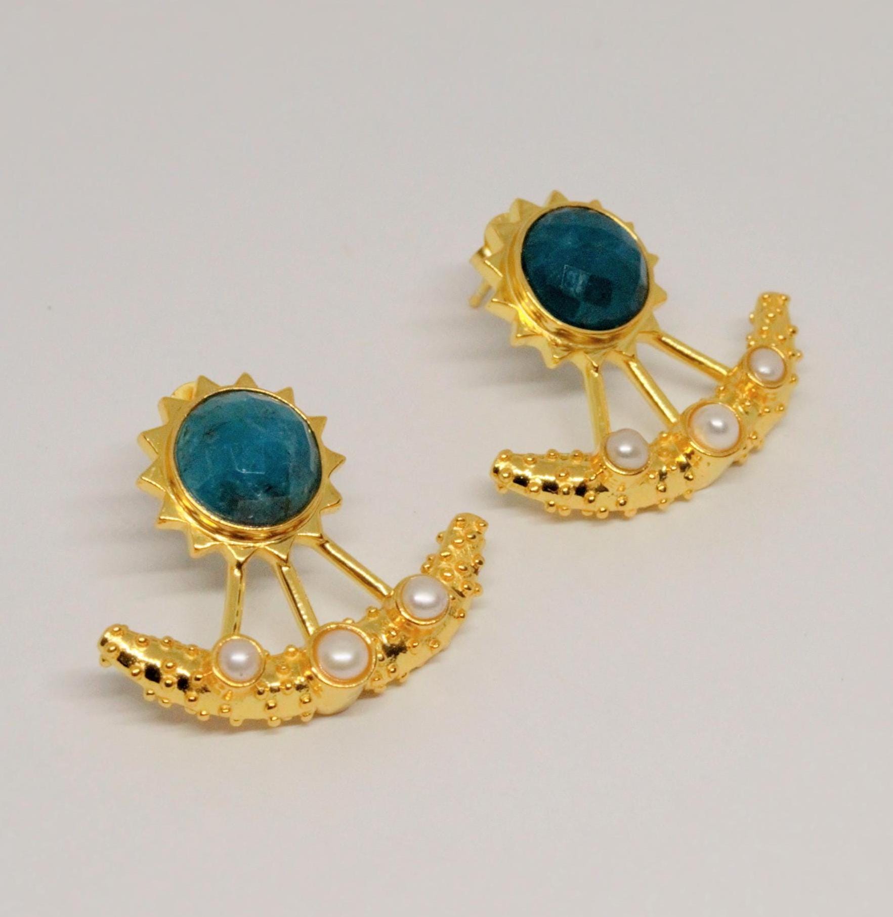 Blue Apatite, Pearl Gold Earrings, June Birthstone Jewelry, Gemstone Dangle Drop Earrings, Bridal Wedding Earrings, Indian Jewelry