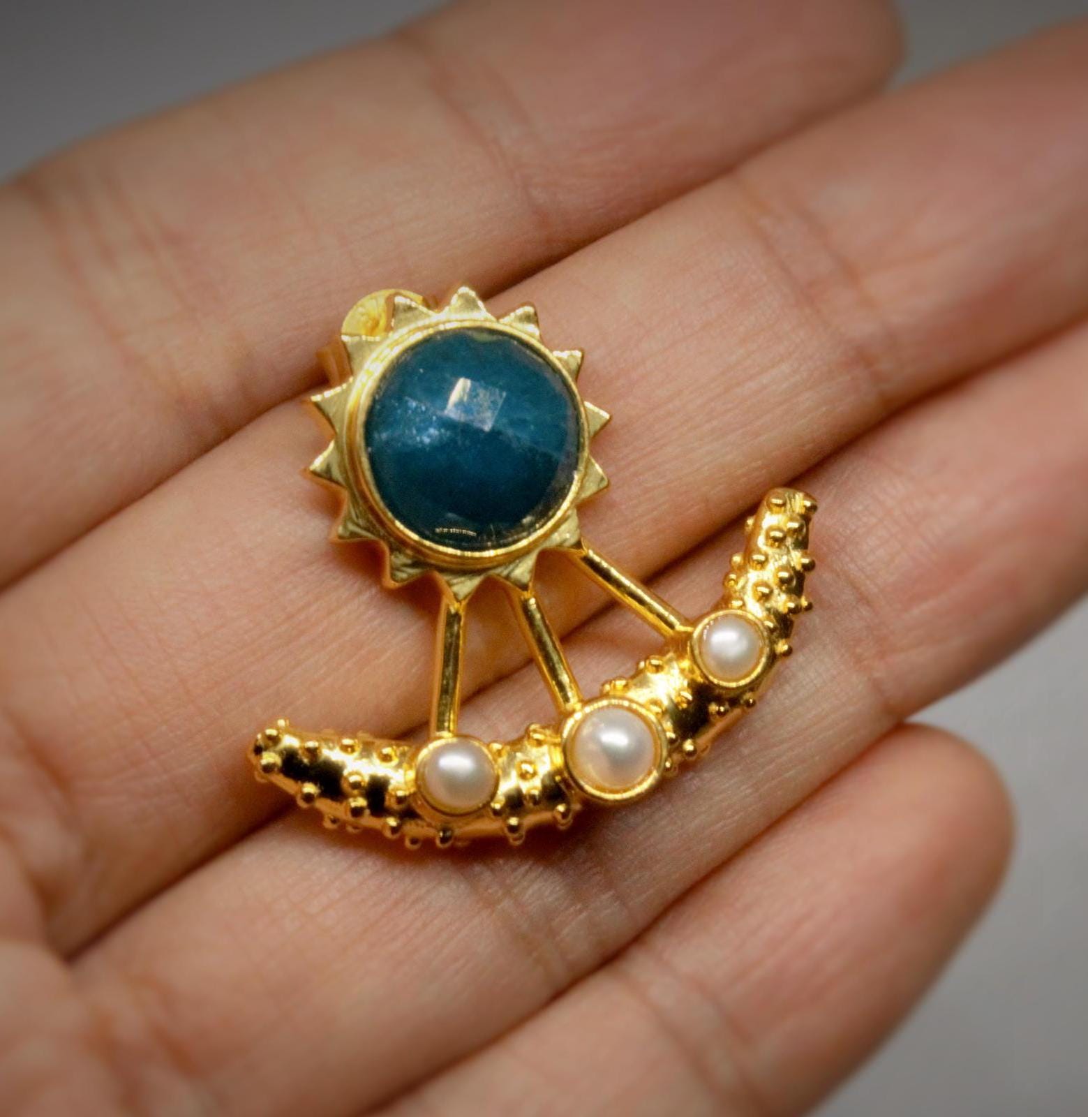Blue Apatite, Pearl Gold Earrings, June Birthstone Jewelry, Gemstone Dangle Drop Earrings, Bridal Wedding Earrings, Indian Jewelry