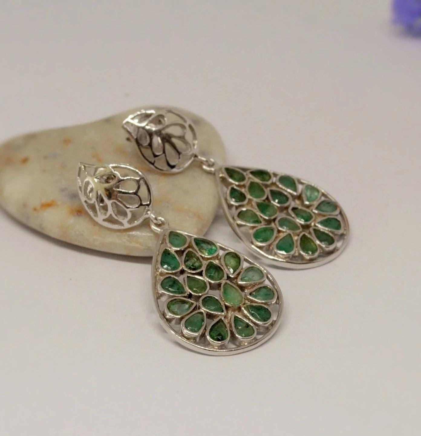 Green Emerald Sterling Silver Earrings, Unique Dangle Drop Earrings, May Birthstone Earrings, Emerald Jewelry, Birthday Gifts For Her