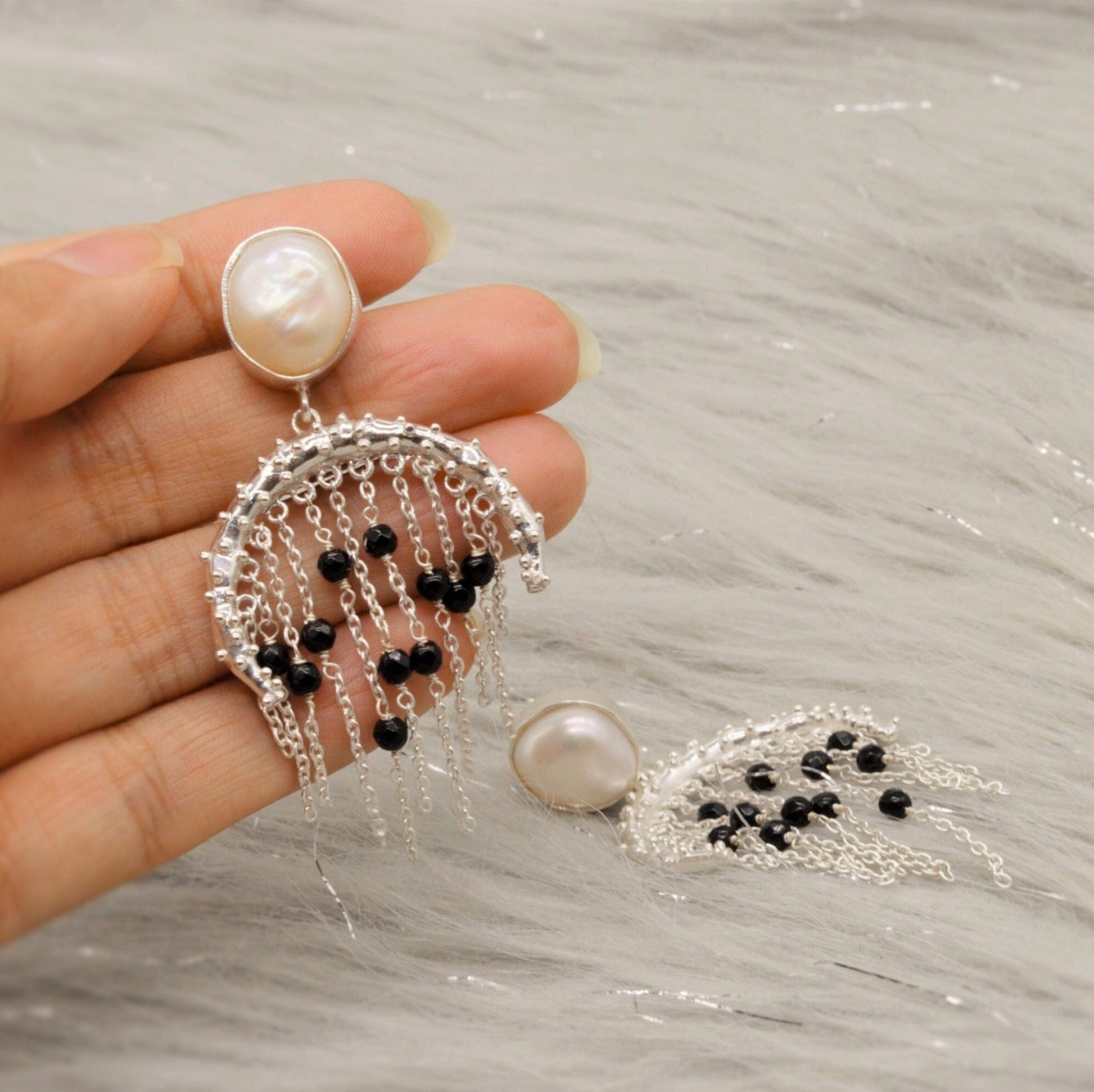 Black Onyx and Pearl Silver Earrings, June Birthstone, Unique Handmade Gemstone Dangle Beaded Earrings, Chandelier Jhumka Earrings