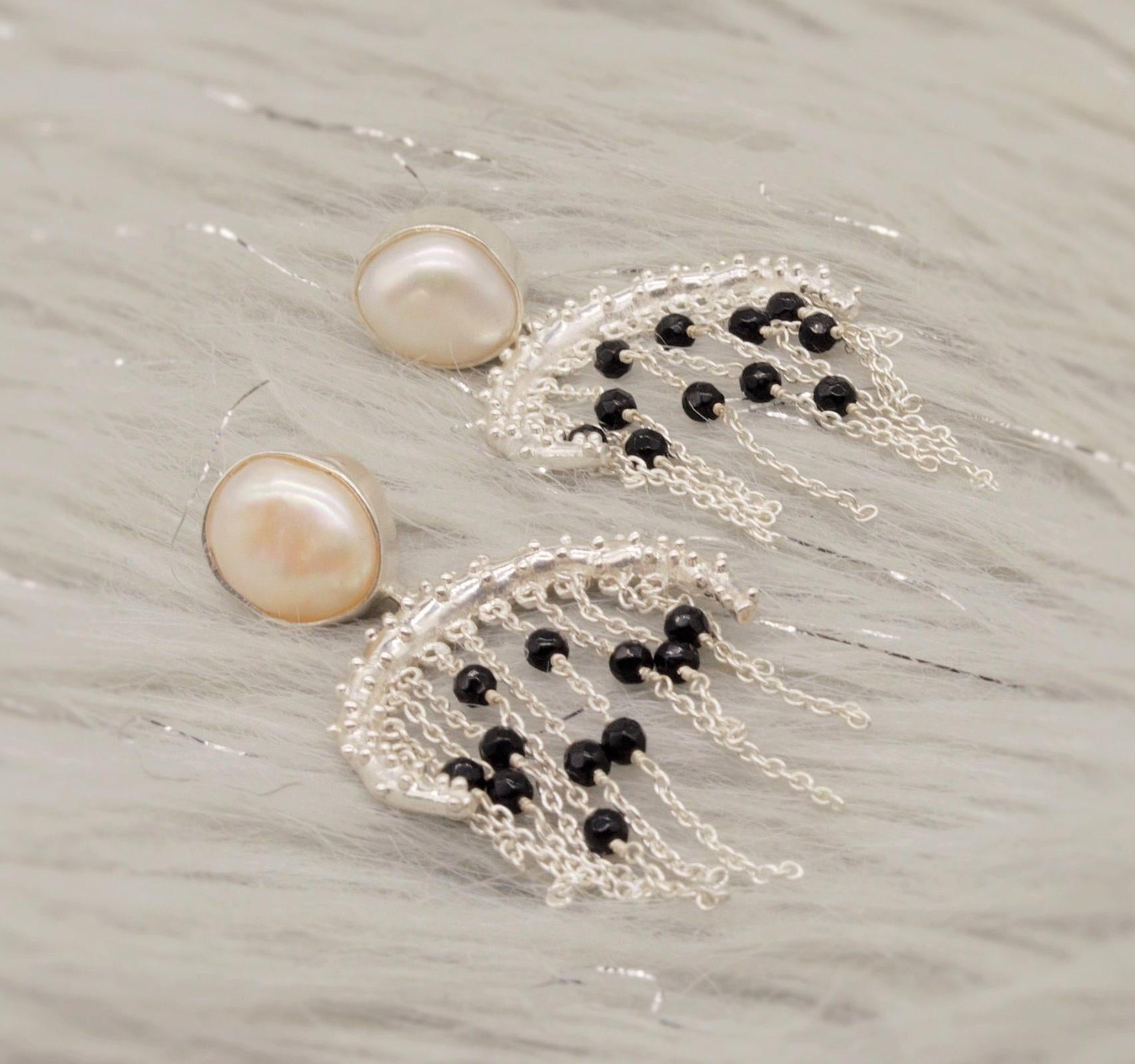 Black Onyx and Pearl Silver Earrings, June Birthstone, Unique Handmade Gemstone Dangle Beaded Earrings, Chandelier Jhumka Earrings