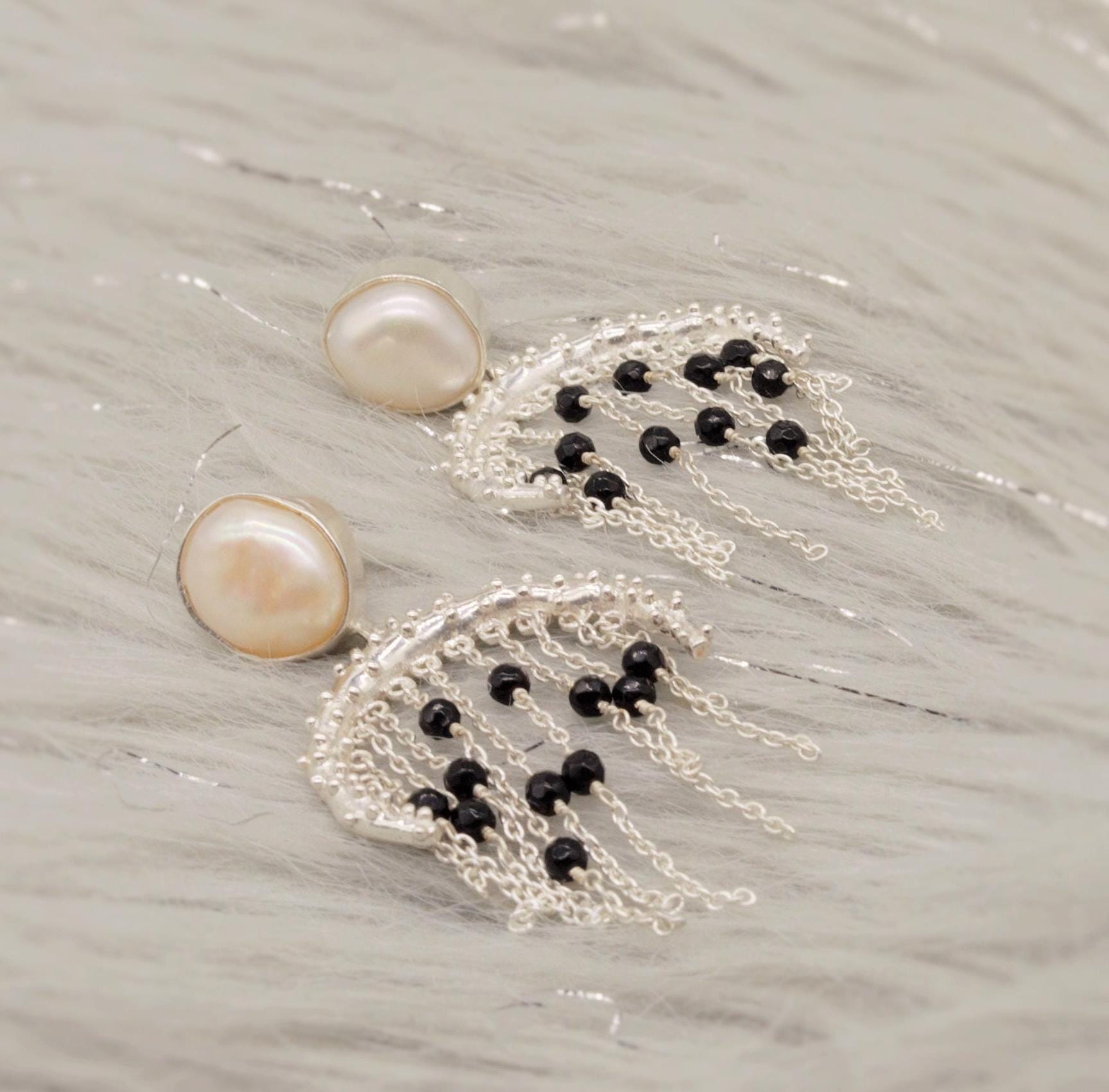 Black Onyx and Pearl Silver Earrings, June Birthstone, Unique Handmade Gemstone Dangle Beaded Earrings, Chandelier Jhumka Earrings