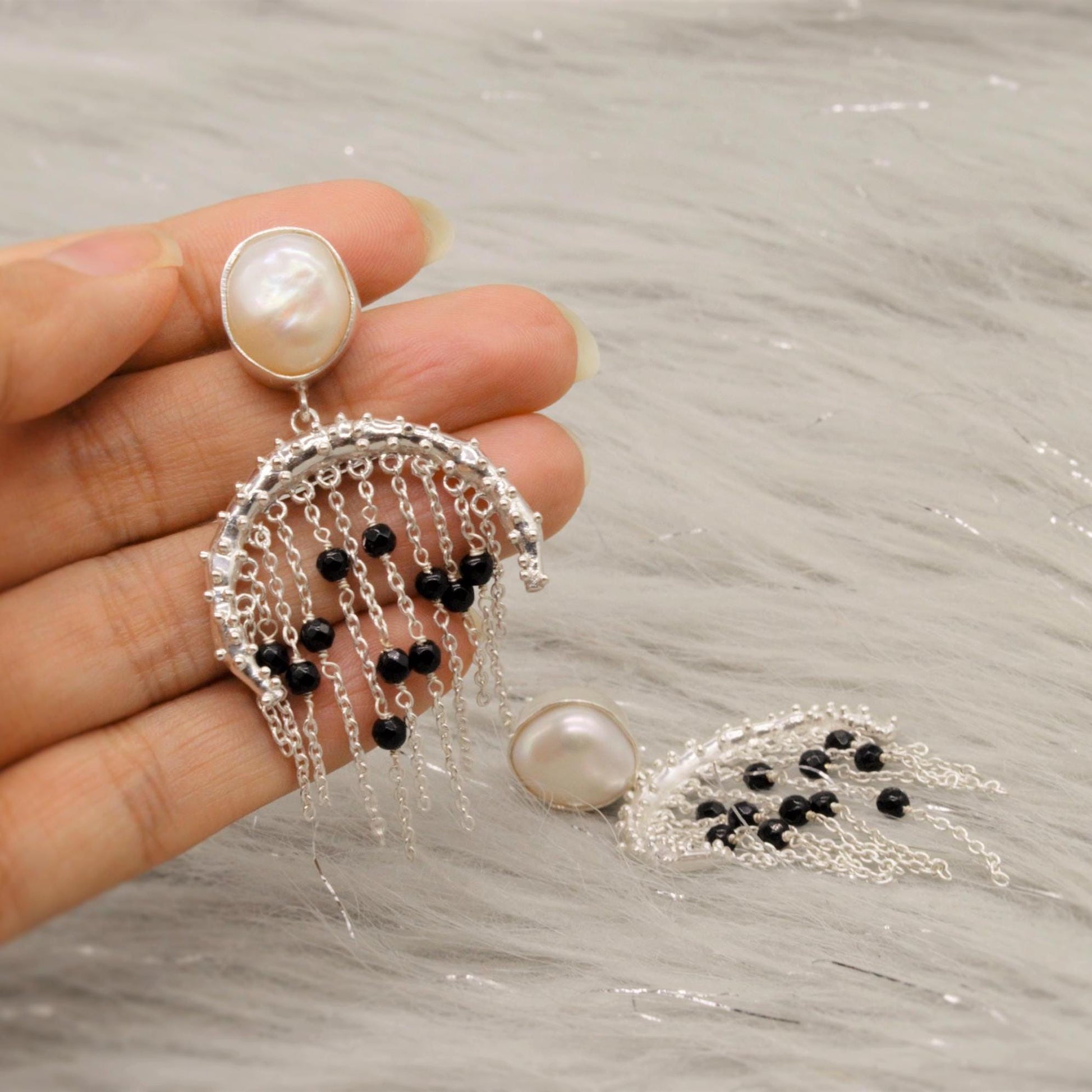 Black Onyx and Pearl Silver Earrings, June Birthstone, Unique Handmade Gemstone Dangle Beaded Earrings, Chandelier Jhumka Earrings