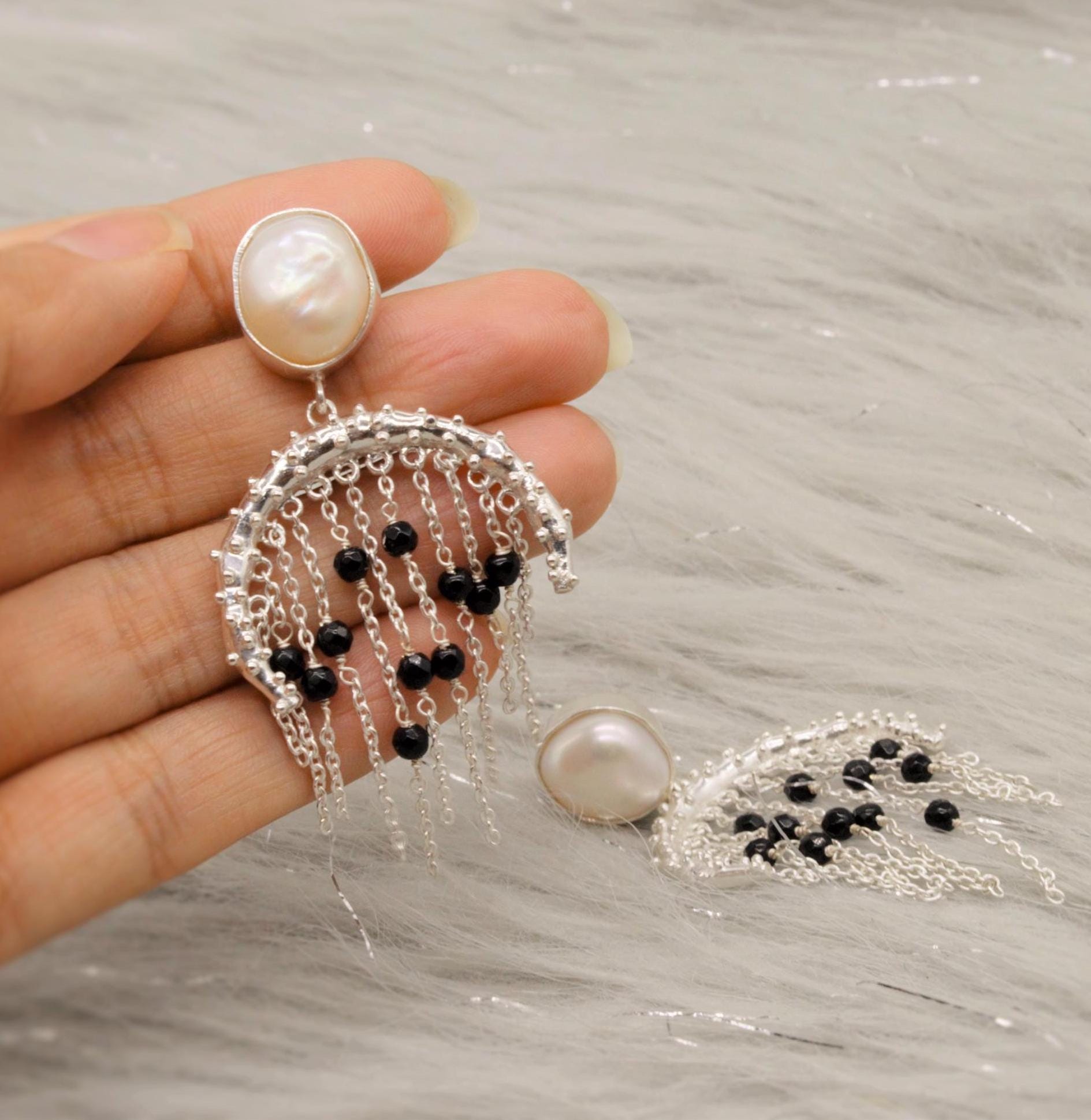Black Onyx and Pearl Silver Earrings, June Birthstone, Unique Handmade Gemstone Dangle Beaded Earrings, Chandelier Jhumka Earrings