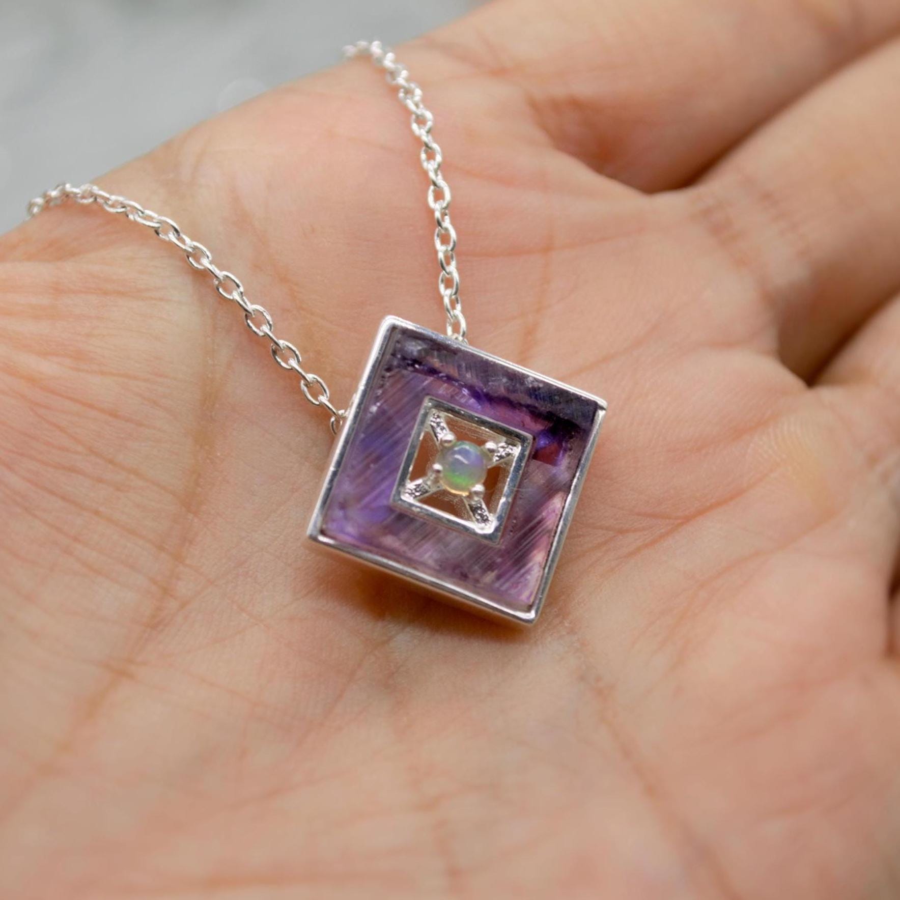 Opal Pendant Necklace With Amethyst Or Rose Quartz, Sterling Silver Chain Necklace, January, February Birthstone, Gemstone Necklace Gift