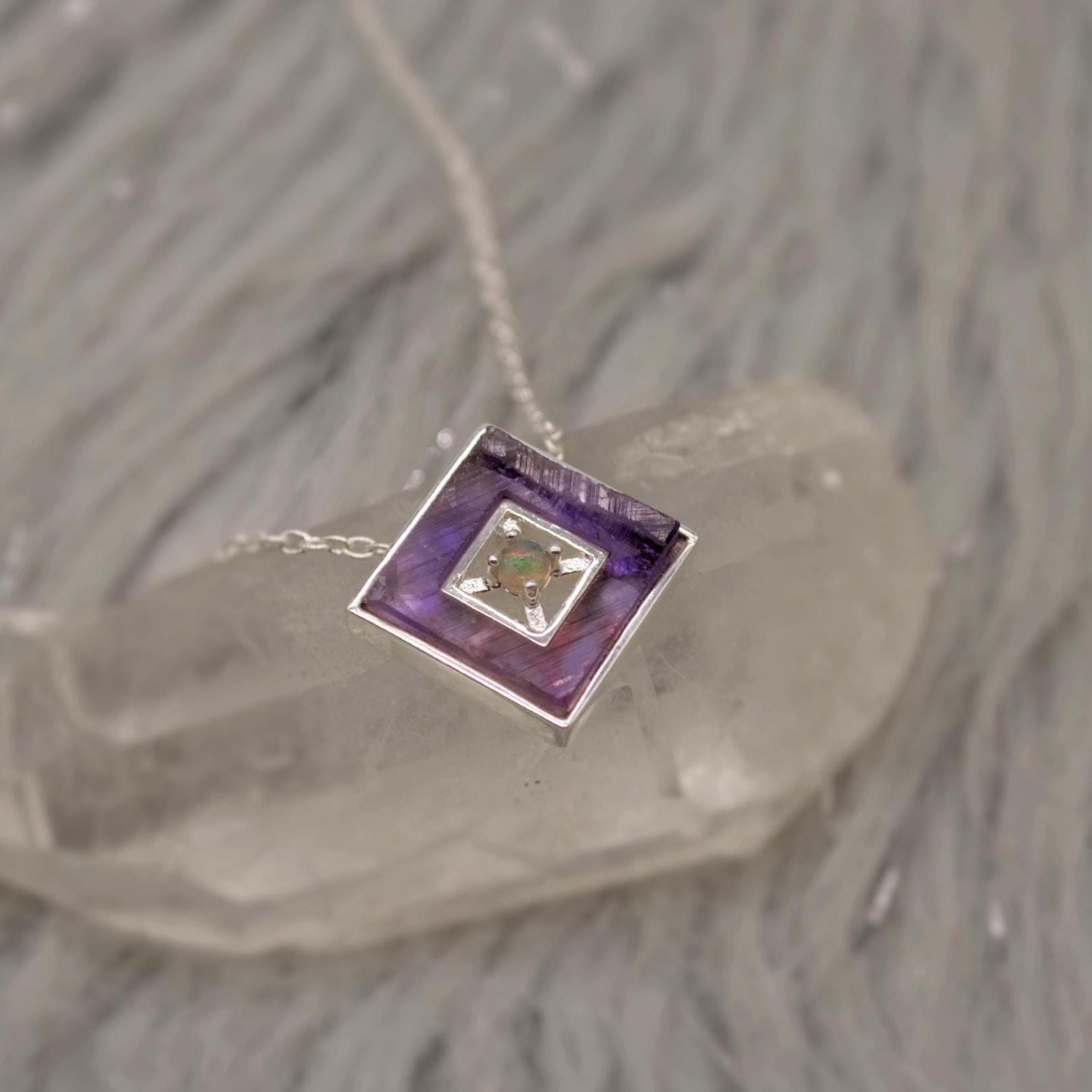 Opal Pendant Necklace With Amethyst Or Rose Quartz, Sterling Silver Chain Necklace, January, February Birthstone, Gemstone Necklace Gift