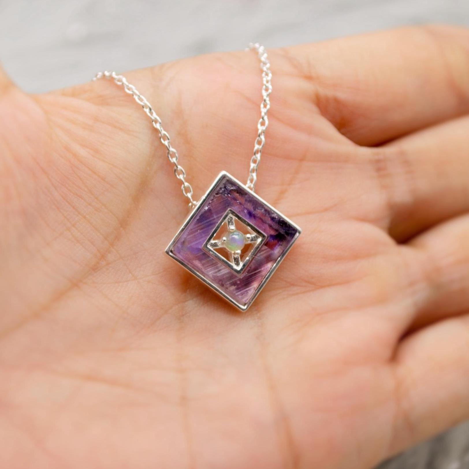 Opal Pendant Necklace With Amethyst Or Rose Quartz, Sterling Silver Chain Necklace, January, February Birthstone, Gemstone Necklace Gift