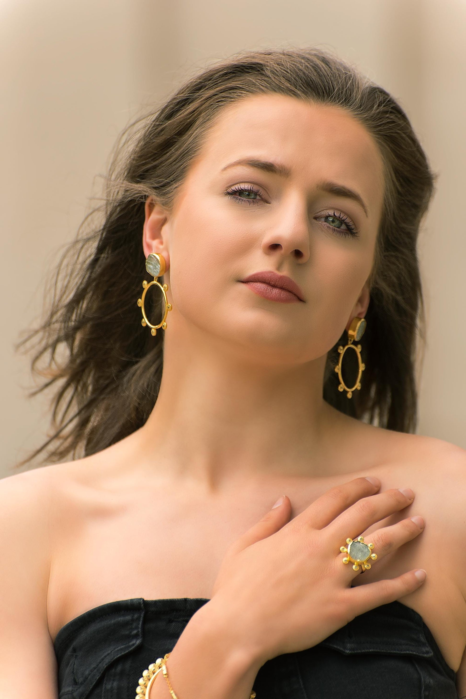 Raw Aquamarine, Blue Topaz Gold Earrings, March and December Birthstone, Aquamarine Crystal, Dangle Hoop Earrings, Gifts For Her