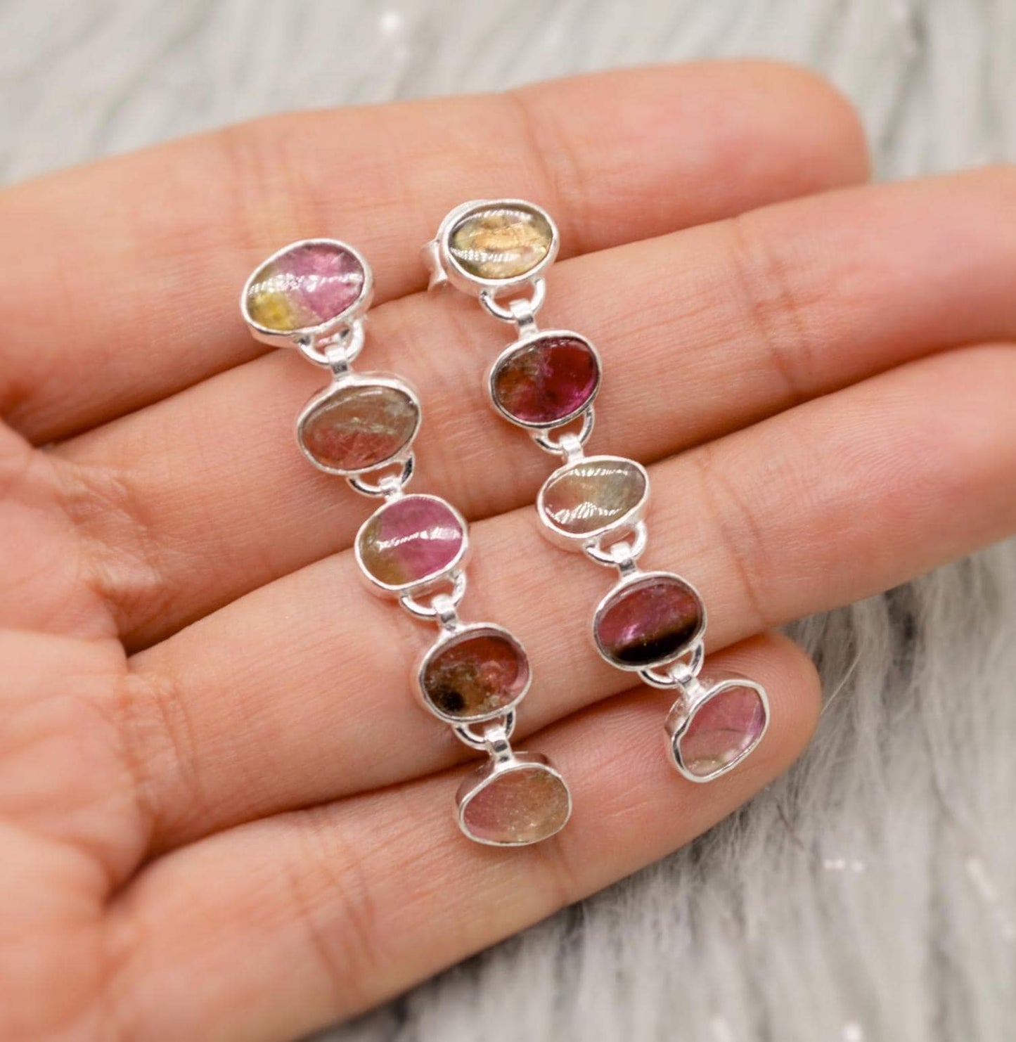 Green, Pink Tourmaline Earrings, Sterling Silver Earrings, Gold Drop Earrings, Tourmaline Jewelry, October Birthstone Earrings