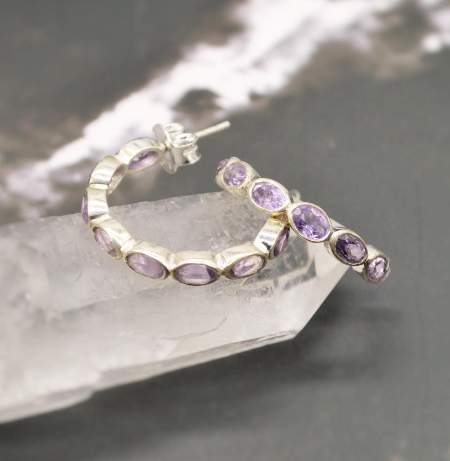 Amethyst Hoop Earrings, Huggies Earrings, February Birthstone, Minimalist Silver Earrings,