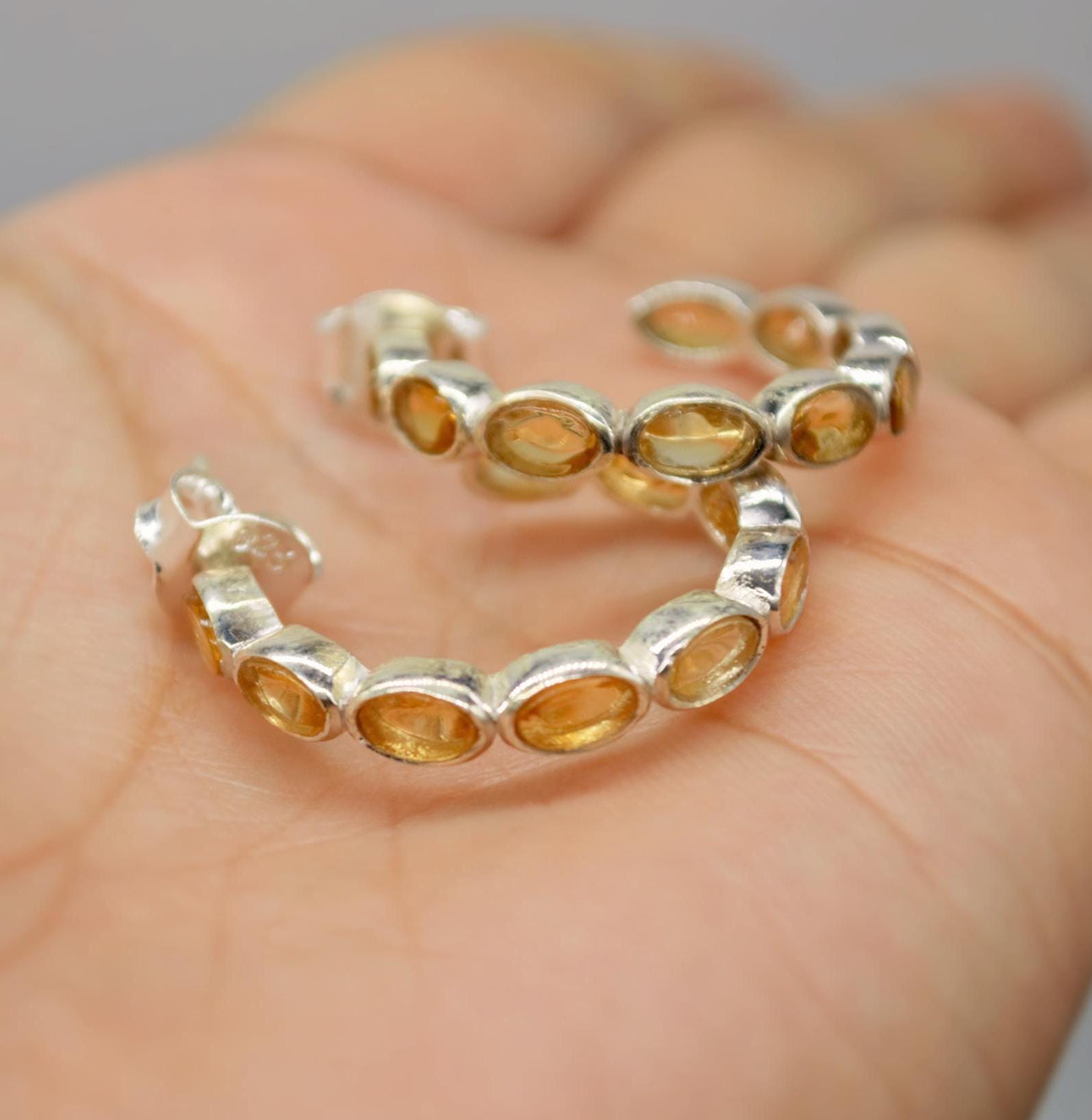 Citrine Hoop Earrings, Huggies Earrings, Citrine Jewelry, November Birthstone, Minimalist Silver Earrings
