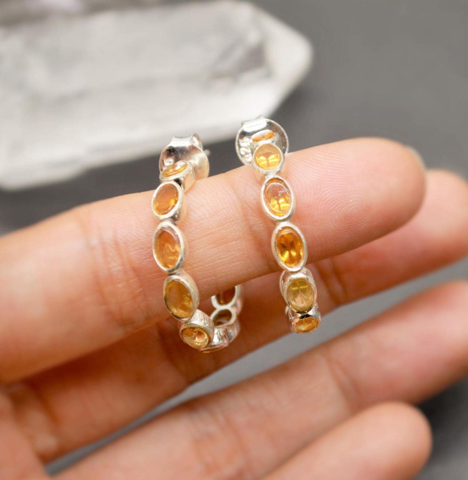 Citrine Hoop Earrings, Huggies Earrings, Citrine Jewelry, November, Minimalist Silver Earrings
