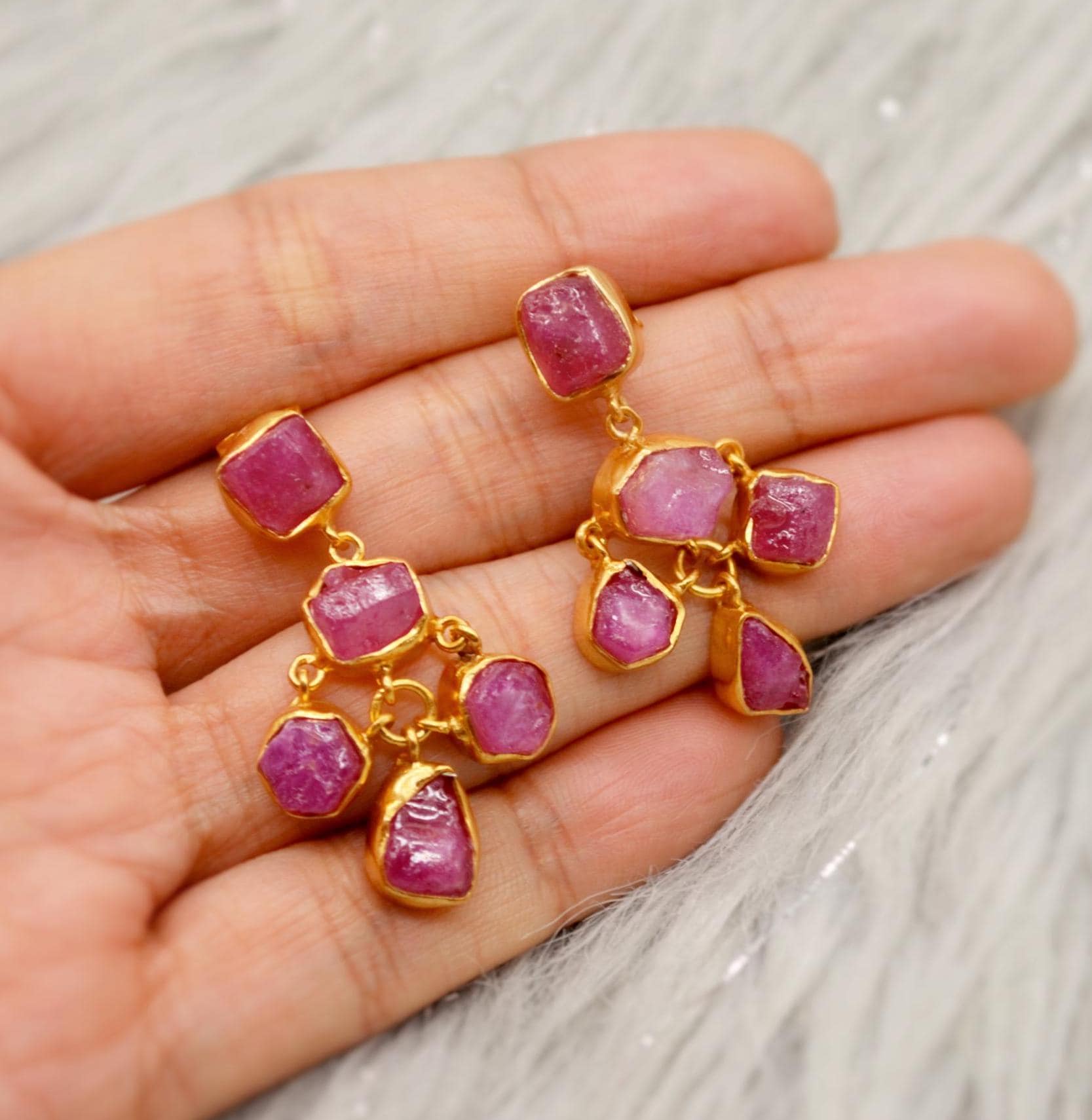 Raw Ruby Silver Earrings, Ruby Jewelry, Red, Pink Gemstone Earrings, July Birthstone Earrings, Handmade Gold Earrings, Gifts For Her