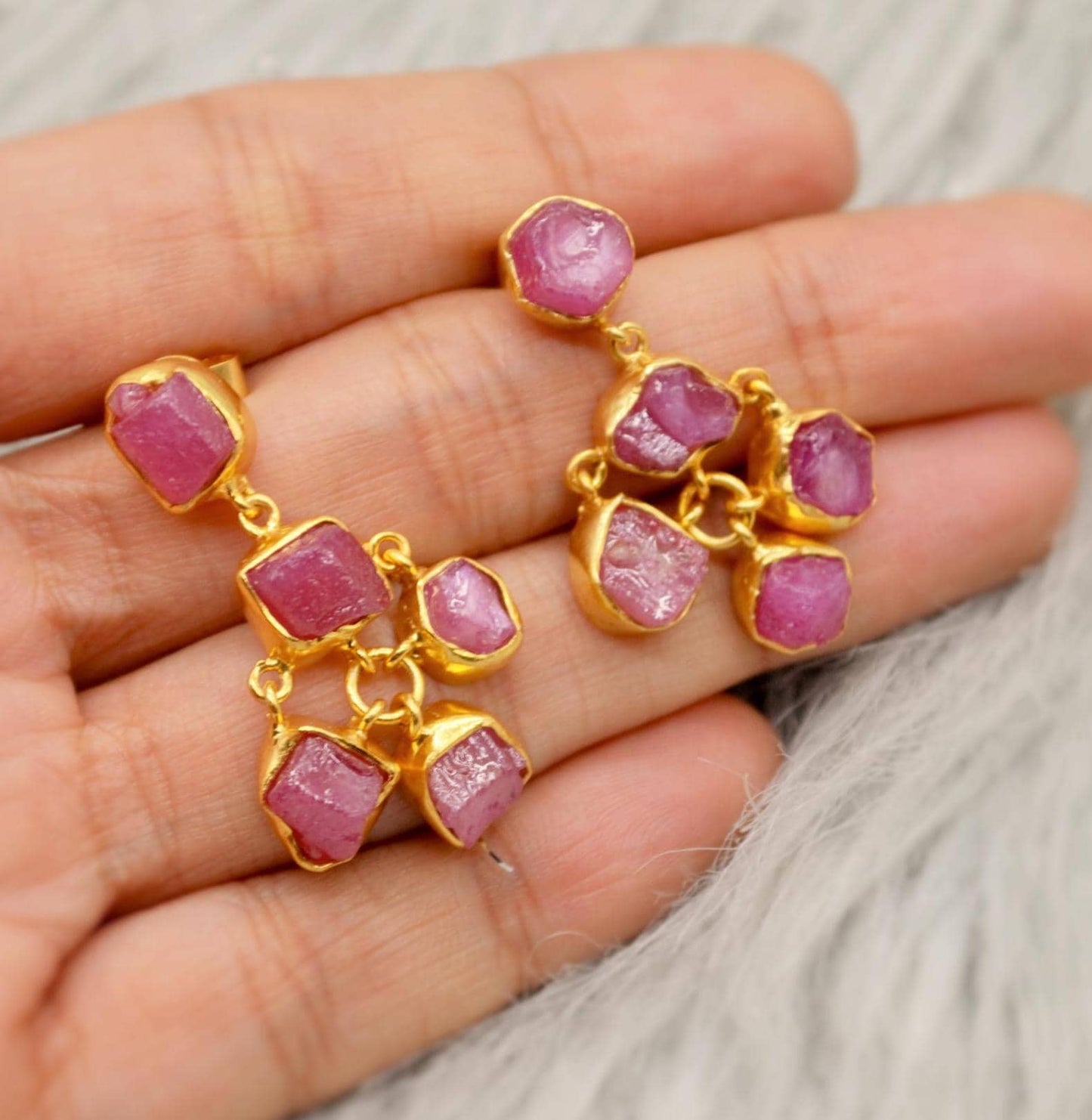 Raw Ruby Silver Earrings, Ruby Jewelry, Red, Pink Gemstone Earrings, July Birthstone Earrings, Handmade Gold Earrings, Gifts For Her