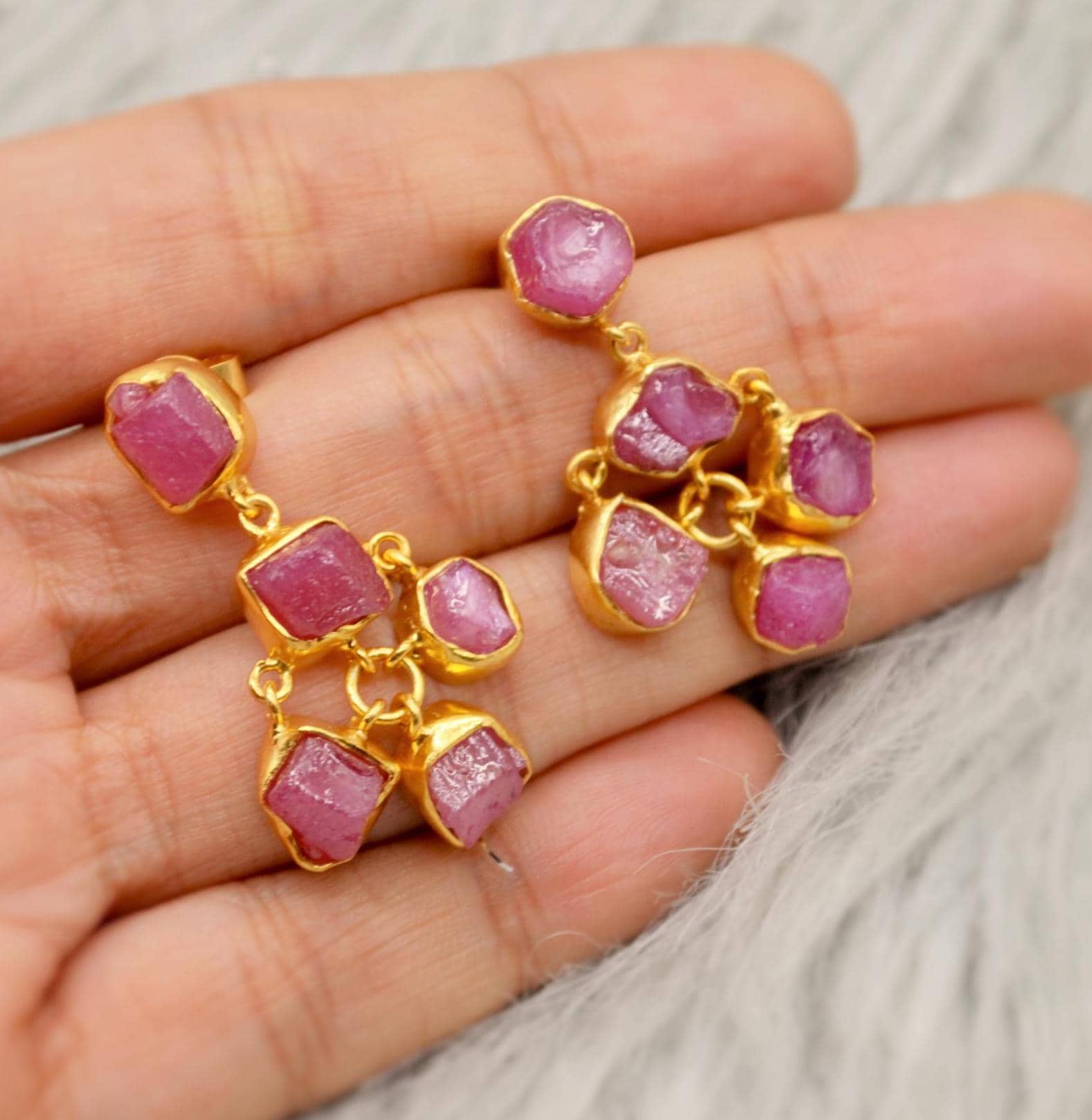 Raw Ruby Silver Earrings, Ruby Jewelry, Red, Pink Gemstone Earrings, July Birthstone Earrings, Handmade Gold Earrings, Gifts For Her
