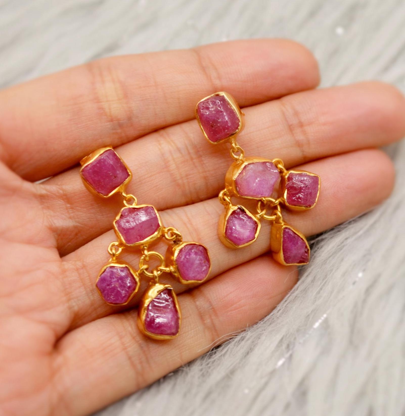 Raw Ruby Silver Earrings, Ruby Jewelry, Red, Pink Gemstone Earrings, July Birthstone Earrings, Handmade Gold Earrings, Gifts For Her