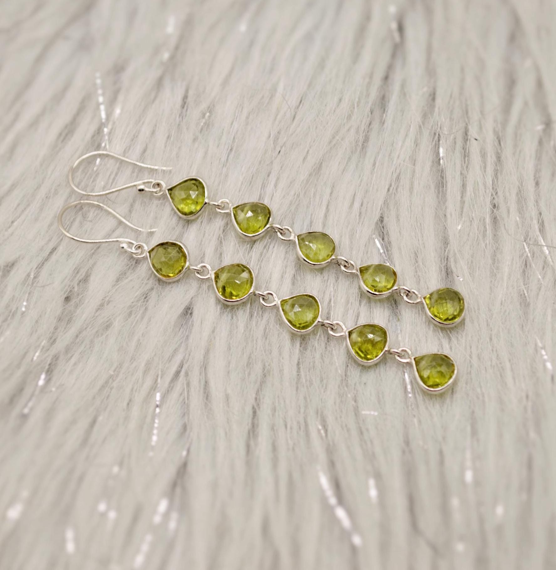 Peridot Earrings, Sterling Silver Earrings, August Birthstone, Unique Statement Long Dangle Drop Earrings, Green Gemstone Earrings