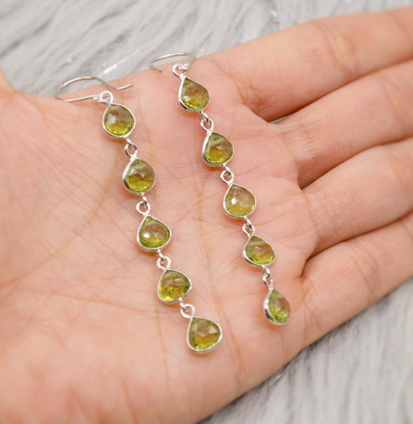 Peridot Earrings, Sterling Silver Earrings, August Birthstone, Unique Statement Long Dangle Drop Earrings, Green Gemstone Earrings