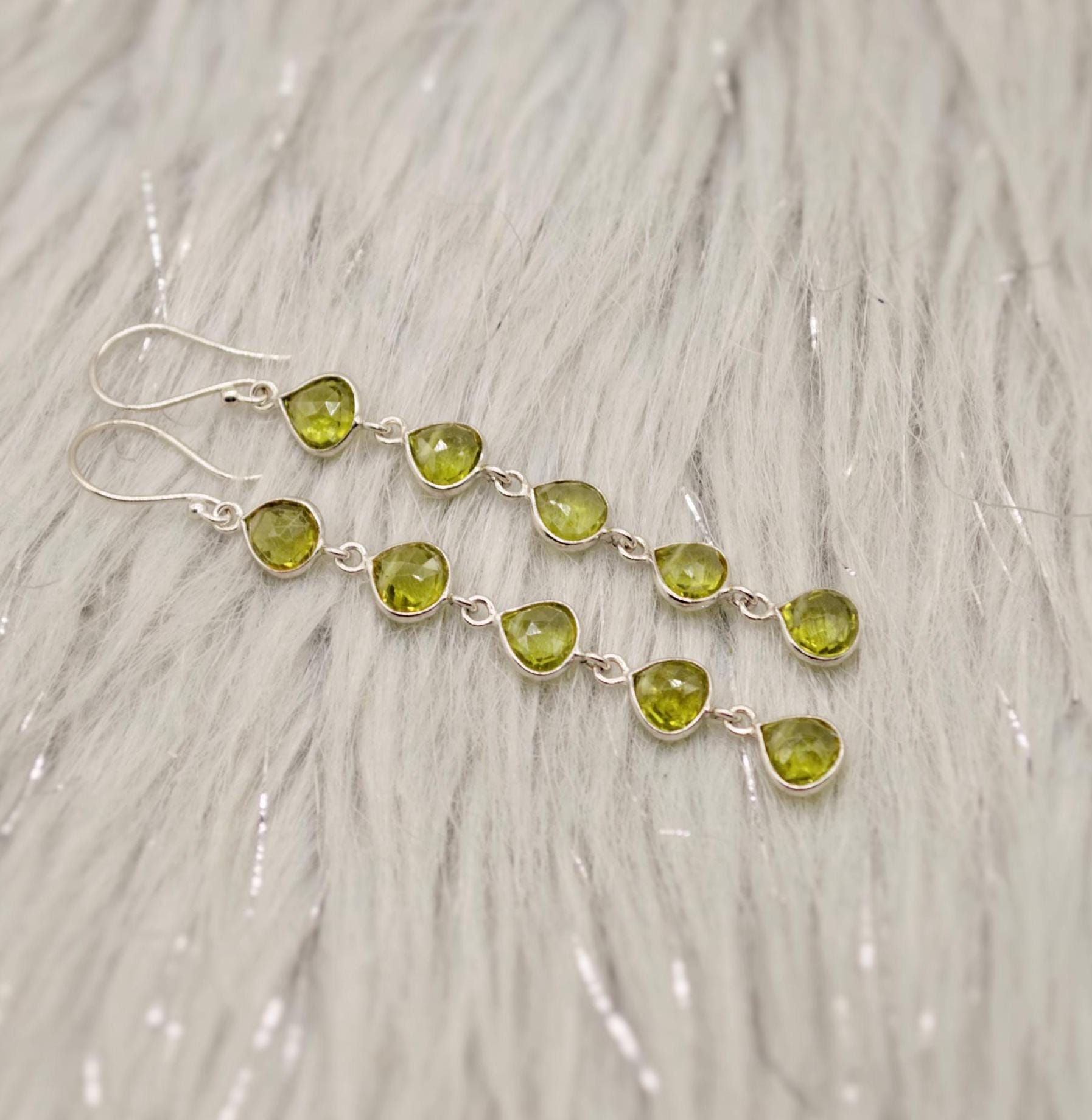 Peridot Earrings, Sterling Silver Earrings, August Birthstone, Unique Statement Long Dangle Drop Earrings, Green Gemstone Earrings
