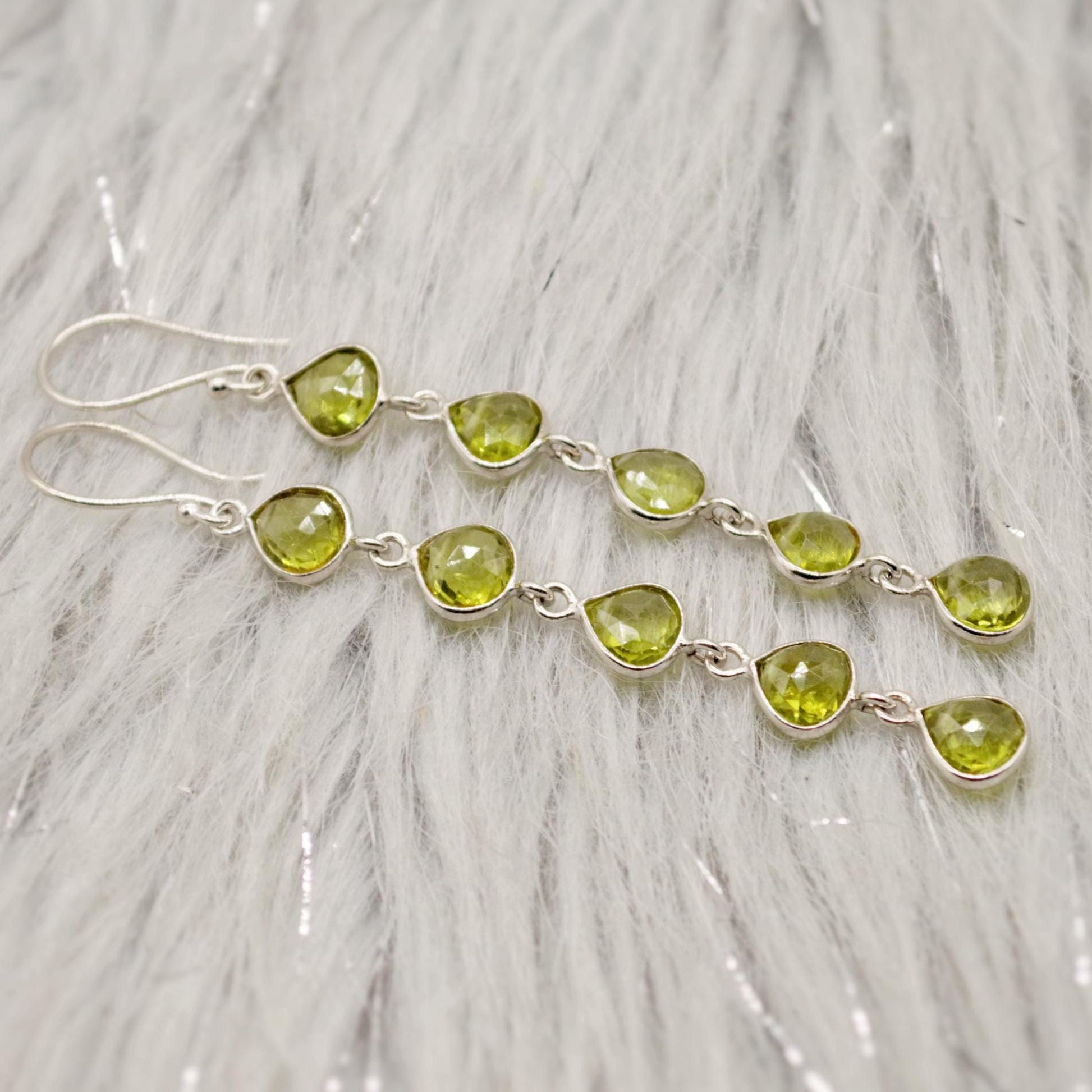 Peridot Earrings, Sterling Silver Earrings, August Birthstone, Unique Statement Long Dangle Drop Earrings, Green Gemstone Earrings