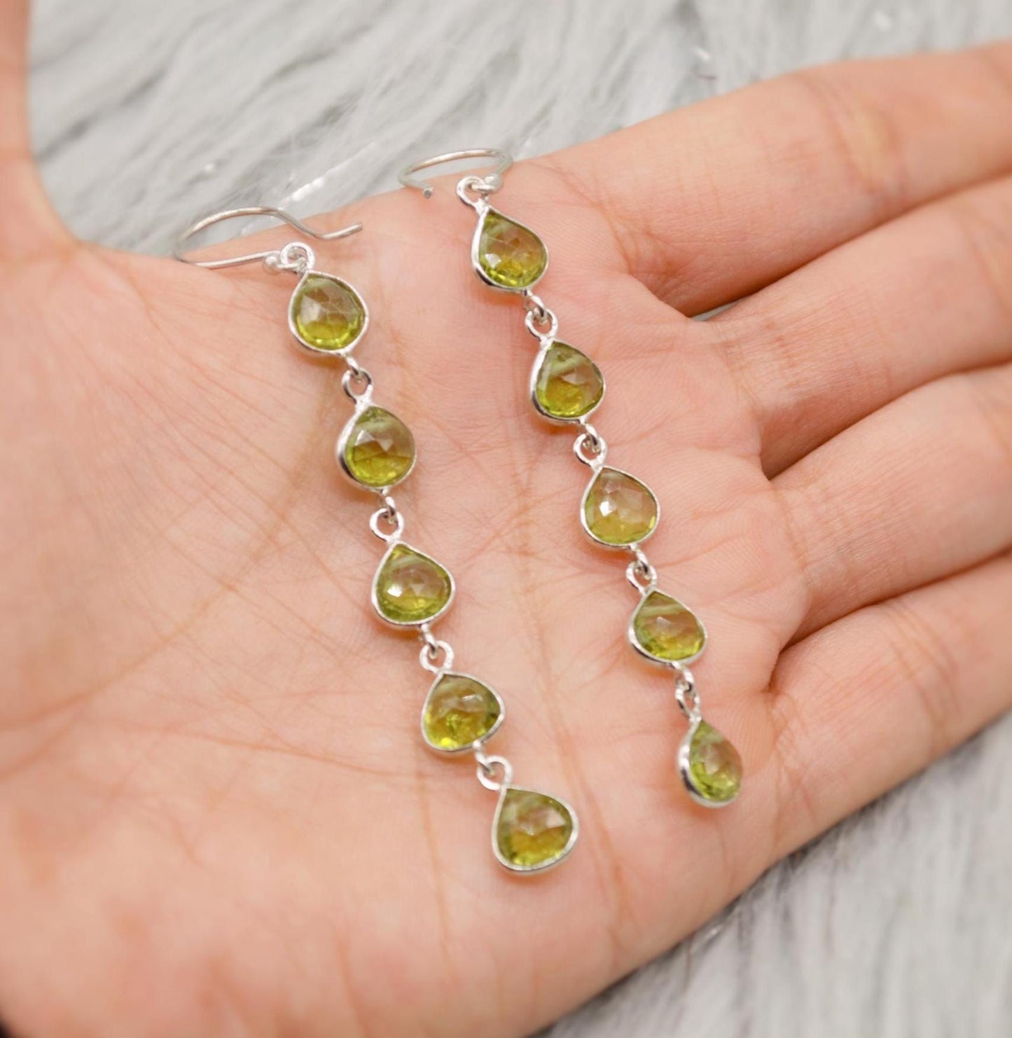 Peridot Earrings, Sterling Silver Earrings, August Birthstone, Unique Statement Long Dangle Drop Earrings, Green Gemstone Earrings