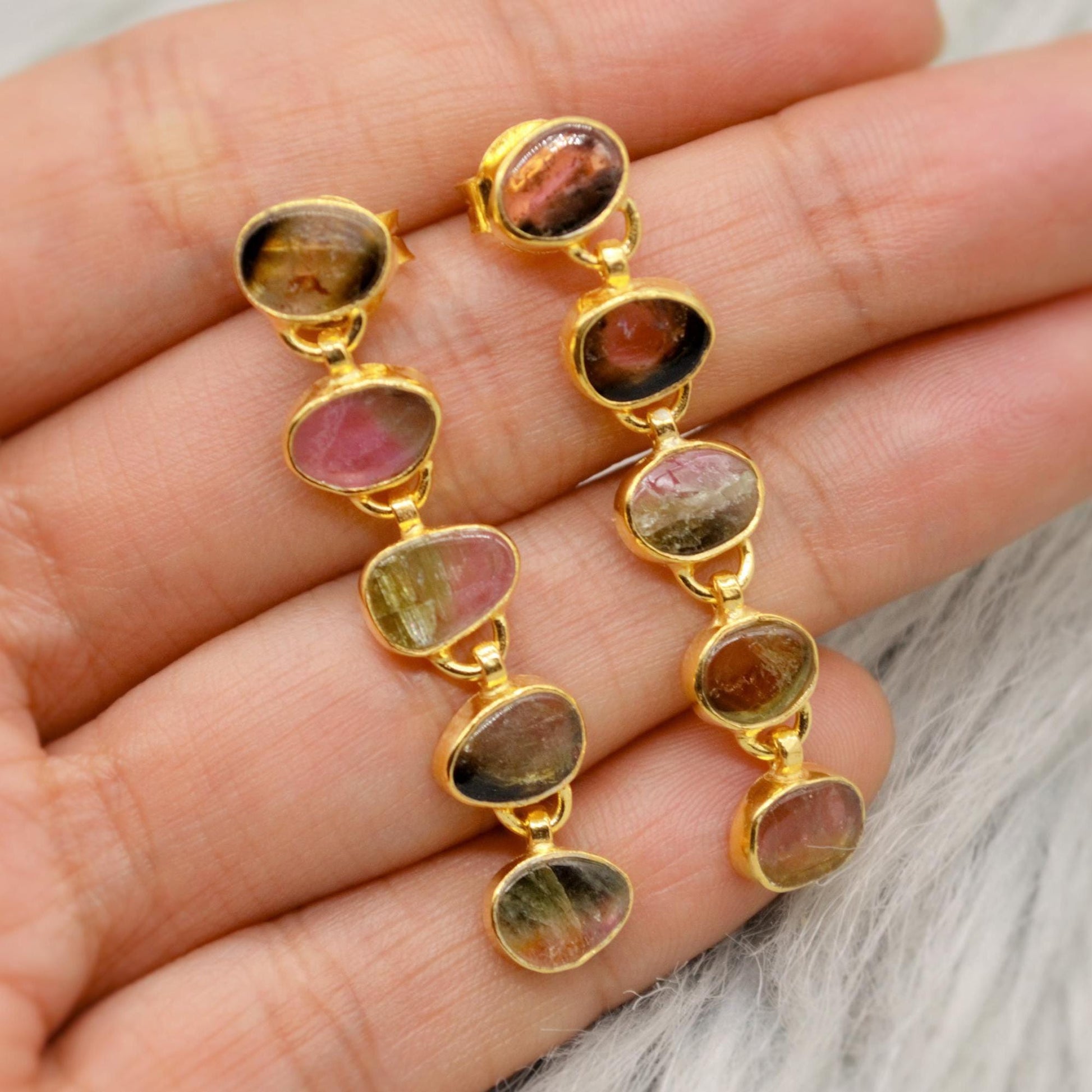 Green, Pink Tourmaline Earrings, Sterling Silver Earrings, Gold Drop Earrings, Tourmaline Jewelry, October Birthstone Earrings