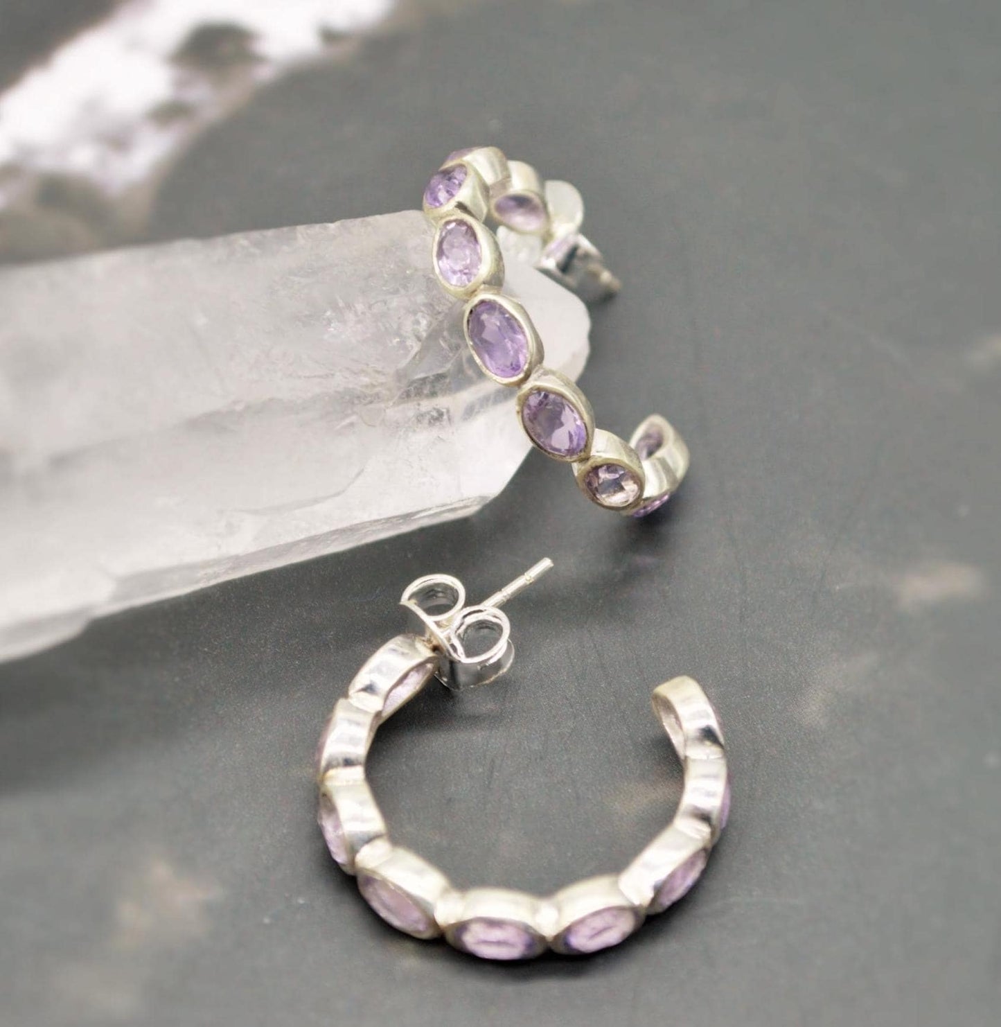 Amethyst Hoop Earrings, Huggies Earrings, February Birthstone, Minimalist Silver Earrings