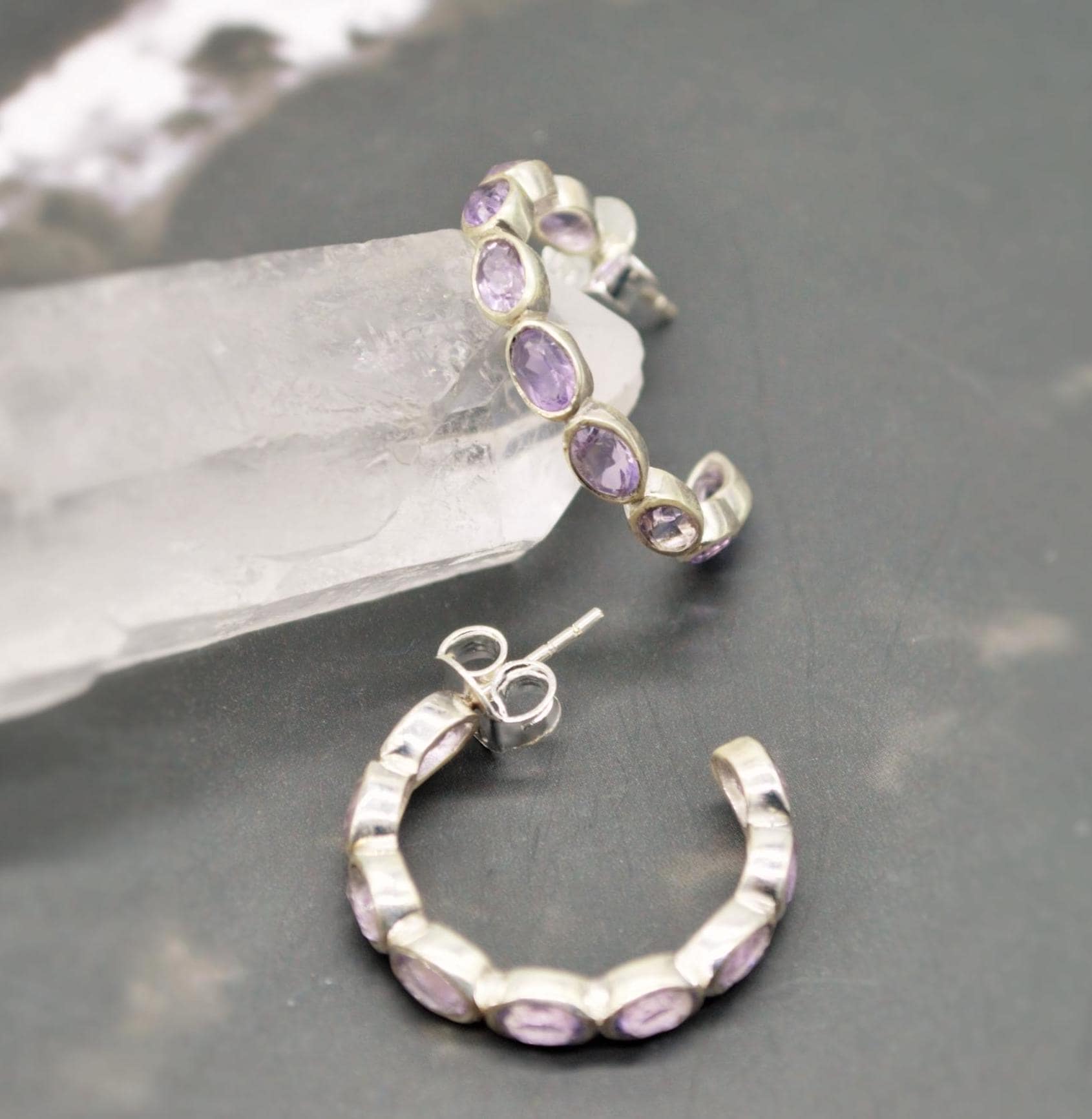Amethyst Hoop Earrings, Huggies Earrings, February Birthstone, Minimalist Silver Earrings