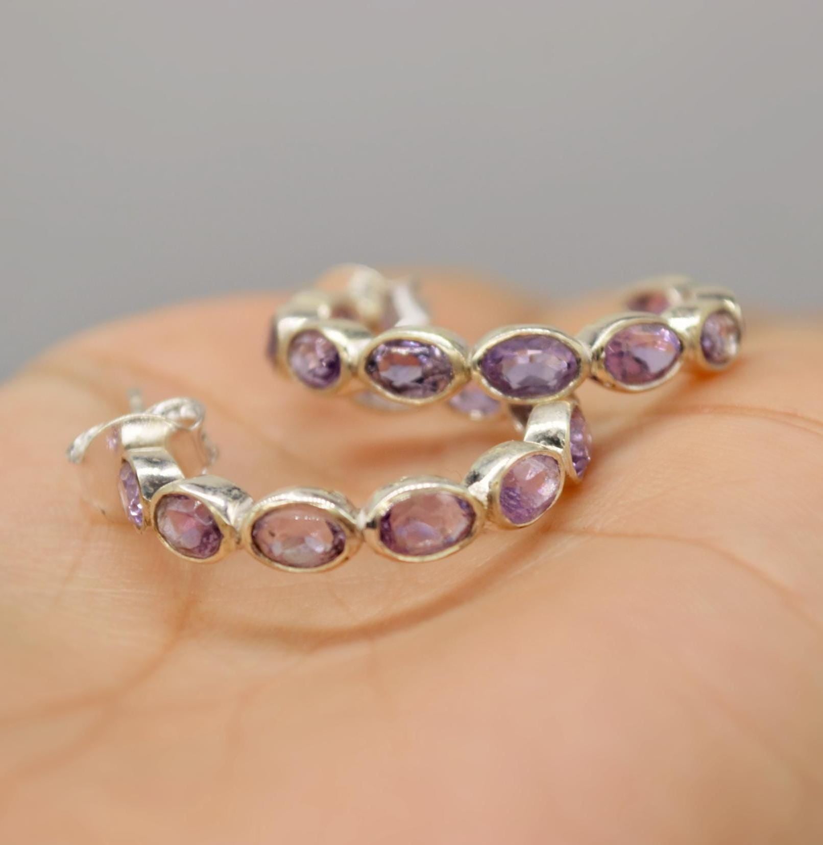 Amethyst Hoop Earrings, Huggies Earrings, February Birthstone, Minimalist Silver Earrings