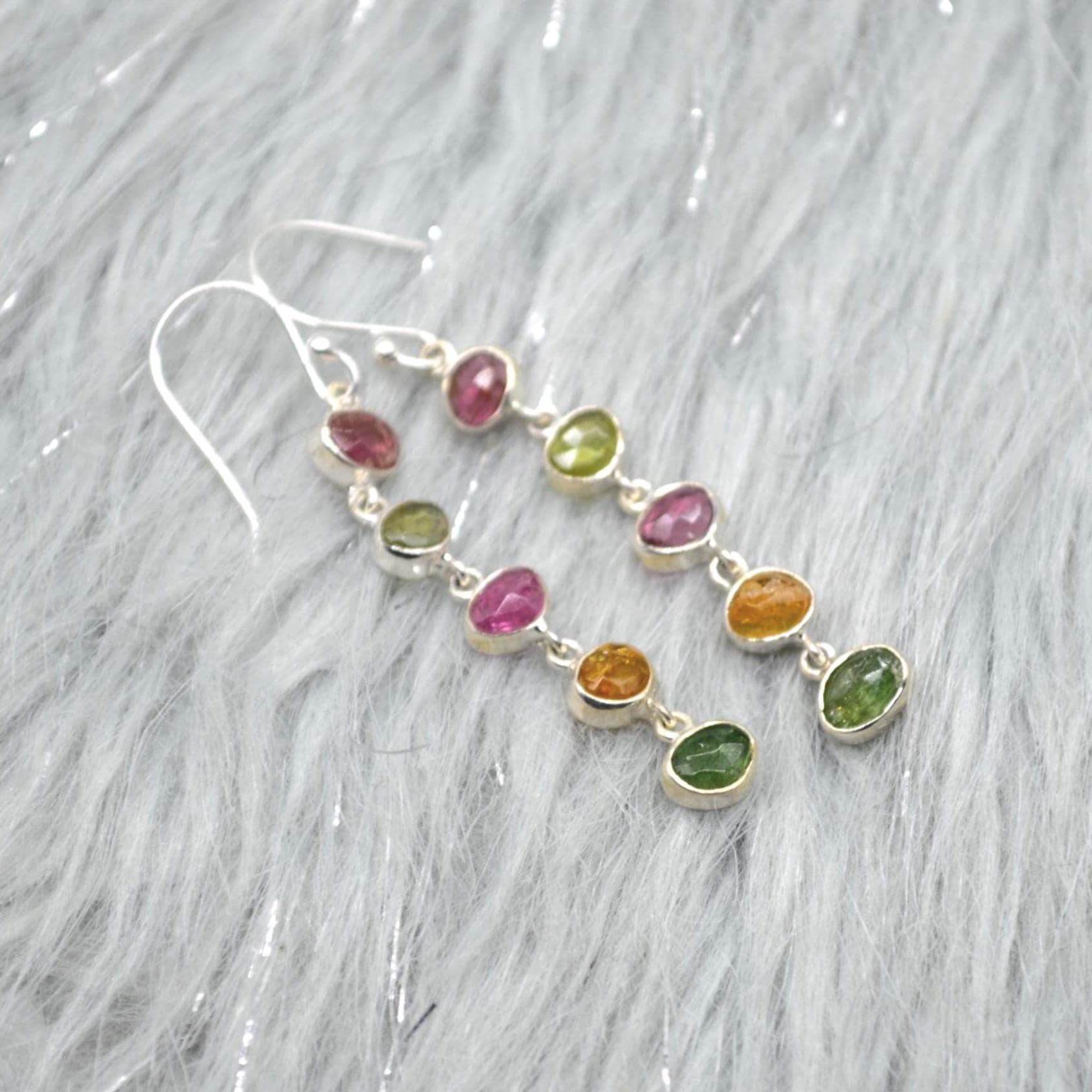 Tourmaline Earrings, Green, Pink Tourmaline Jewelry, Sterling Silver Earrings, Dangle Drop Gold Earrings, October Birthstone, Gift For Her