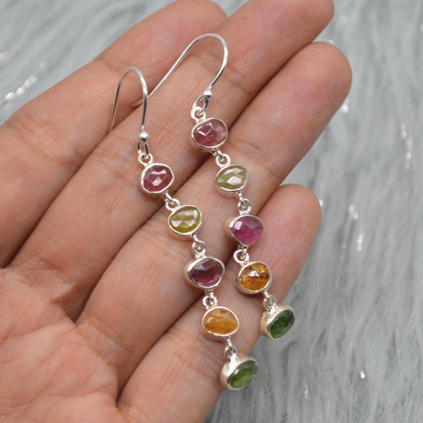 Tourmaline Earrings, Green, Pink Tourmaline Jewelry, Sterling Silver Earrings, Dangle Drop Gold Earrings, October Birthstone, Gift For Her