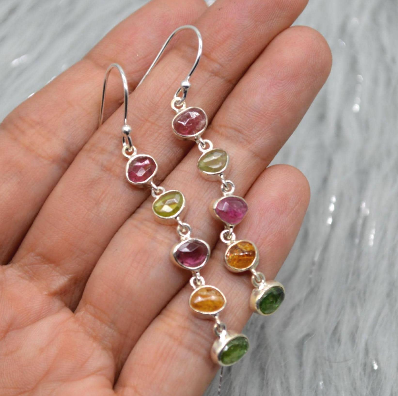 Tourmaline Earrings, Green, Pink Tourmaline Jewelry, Sterling Silver Earrings, Dangle Drop Gold Earrings, October Birthstone, Gift For Her