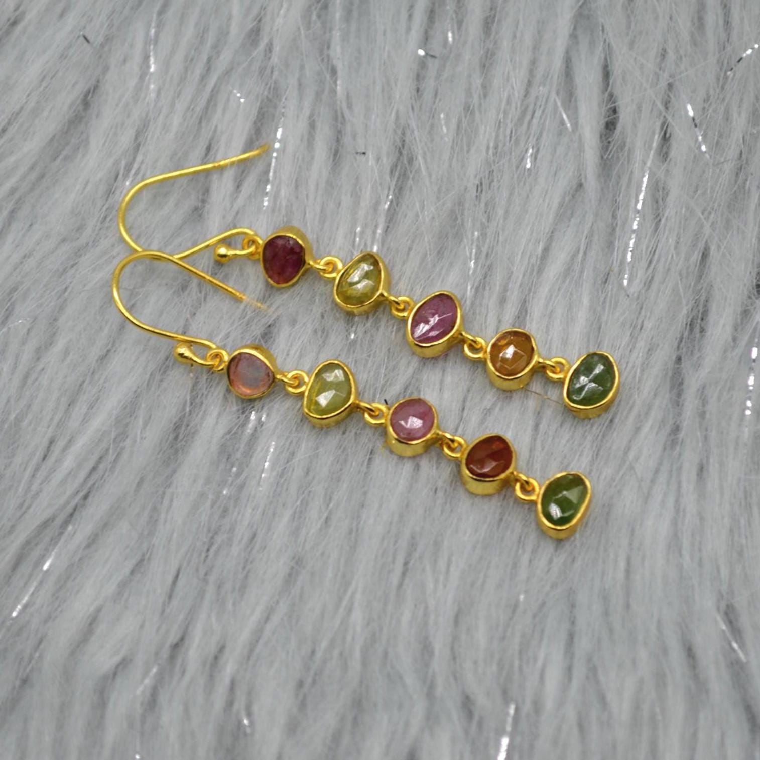 Tourmaline Earrings, Green, Pink Tourmaline Jewelry, Sterling Silver Earrings, Dangle Drop Gold Earrings, October Birthstone, Gift For Her