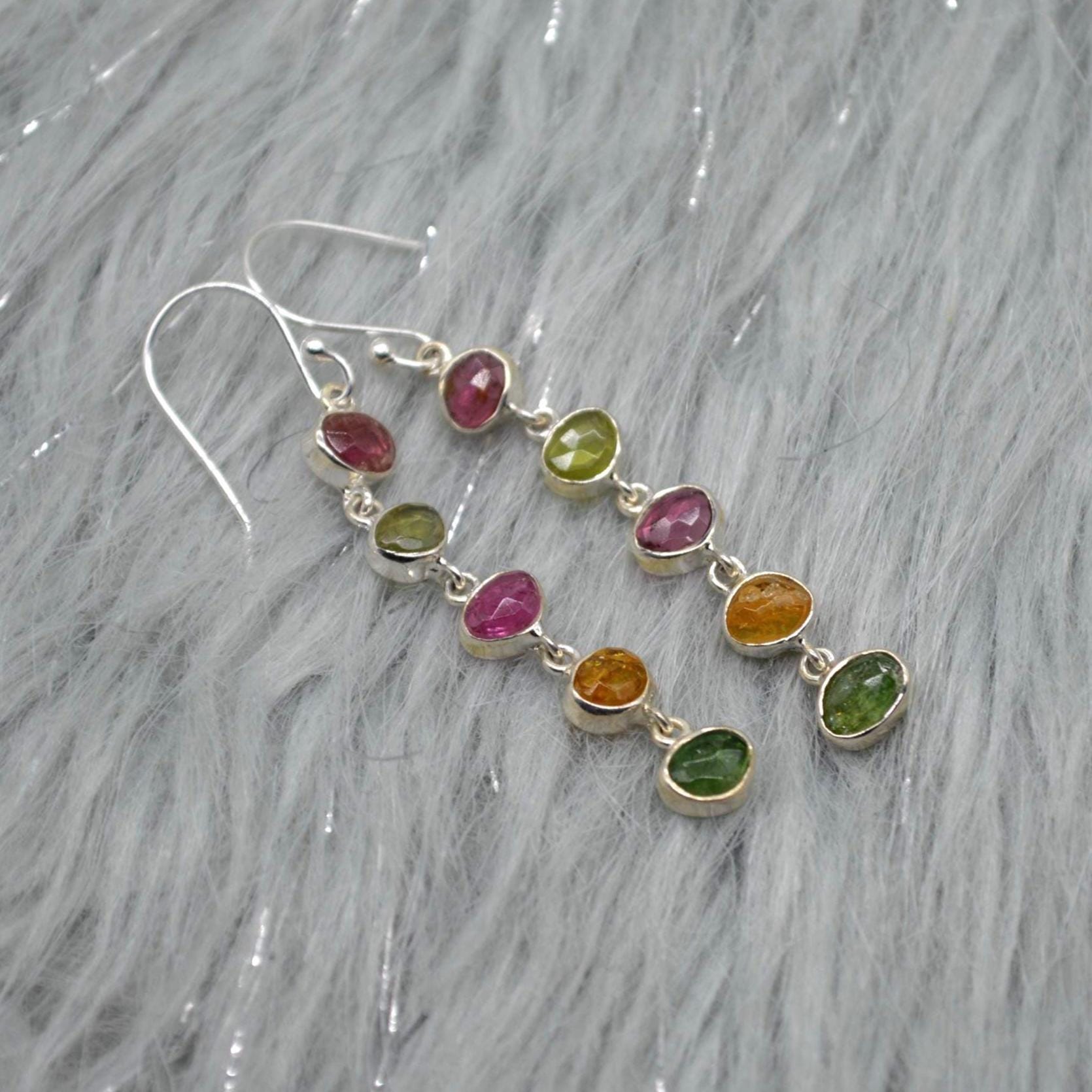 Tourmaline Earrings, Green, Pink Tourmaline Jewelry, Sterling Silver Earrings, Dangle Drop Gold Earrings, October Birthstone, Gift For Her