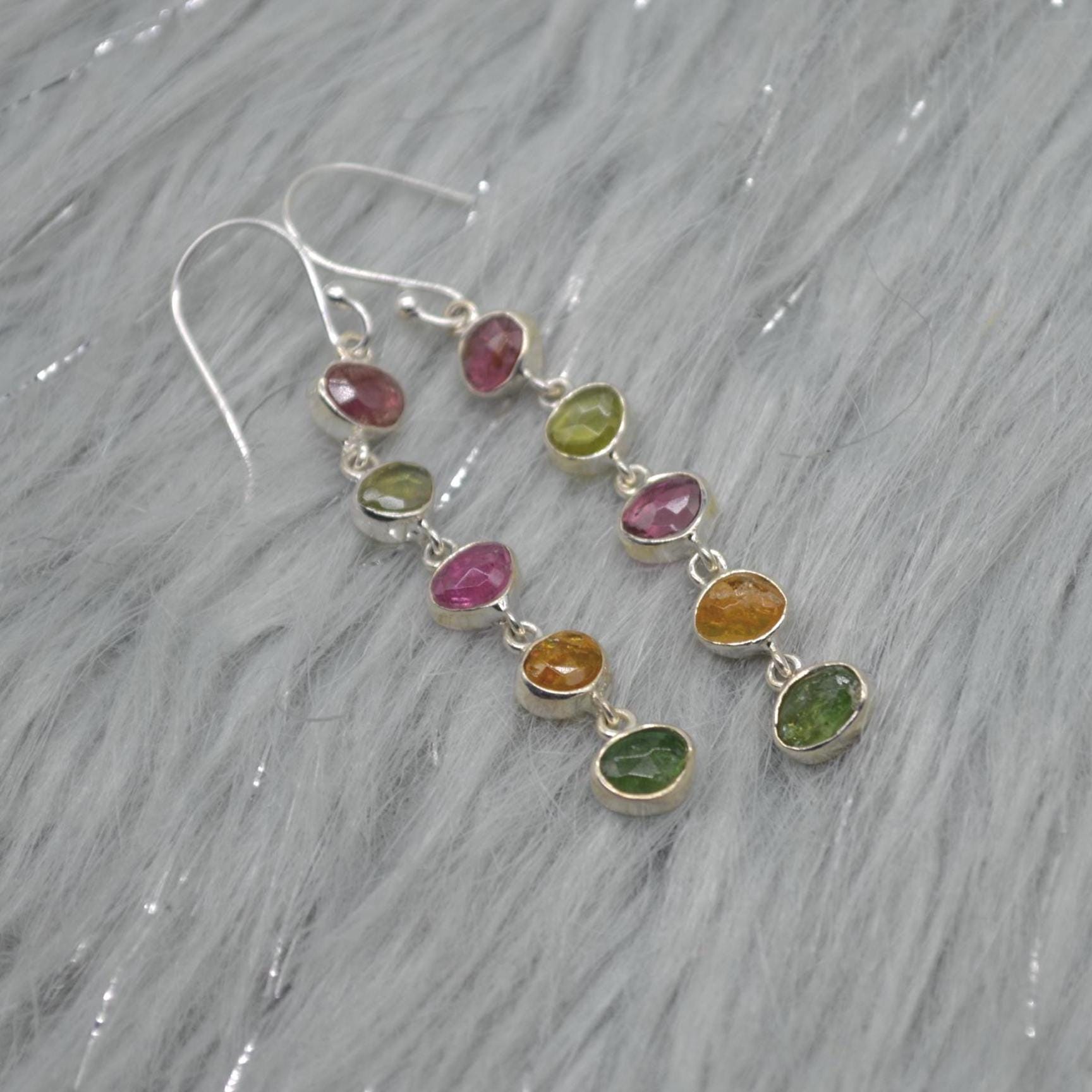 Tourmaline Earrings, Green, Pink Tourmaline Jewelry, Sterling Silver Earrings, Dangle Drop Gold Earrings, October Birthstone, Gift For Her