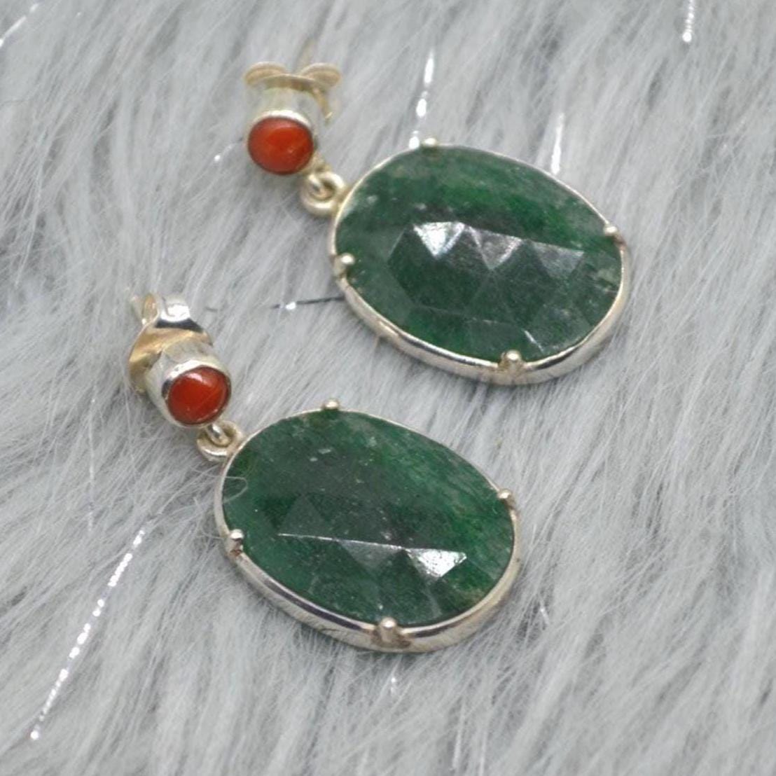Green Aventurine, Red Coral Silver Earrings, Oval Dangle Drop Earrings, Green Gemstone, Unique Handmade Sterling Silver Earrings For Her