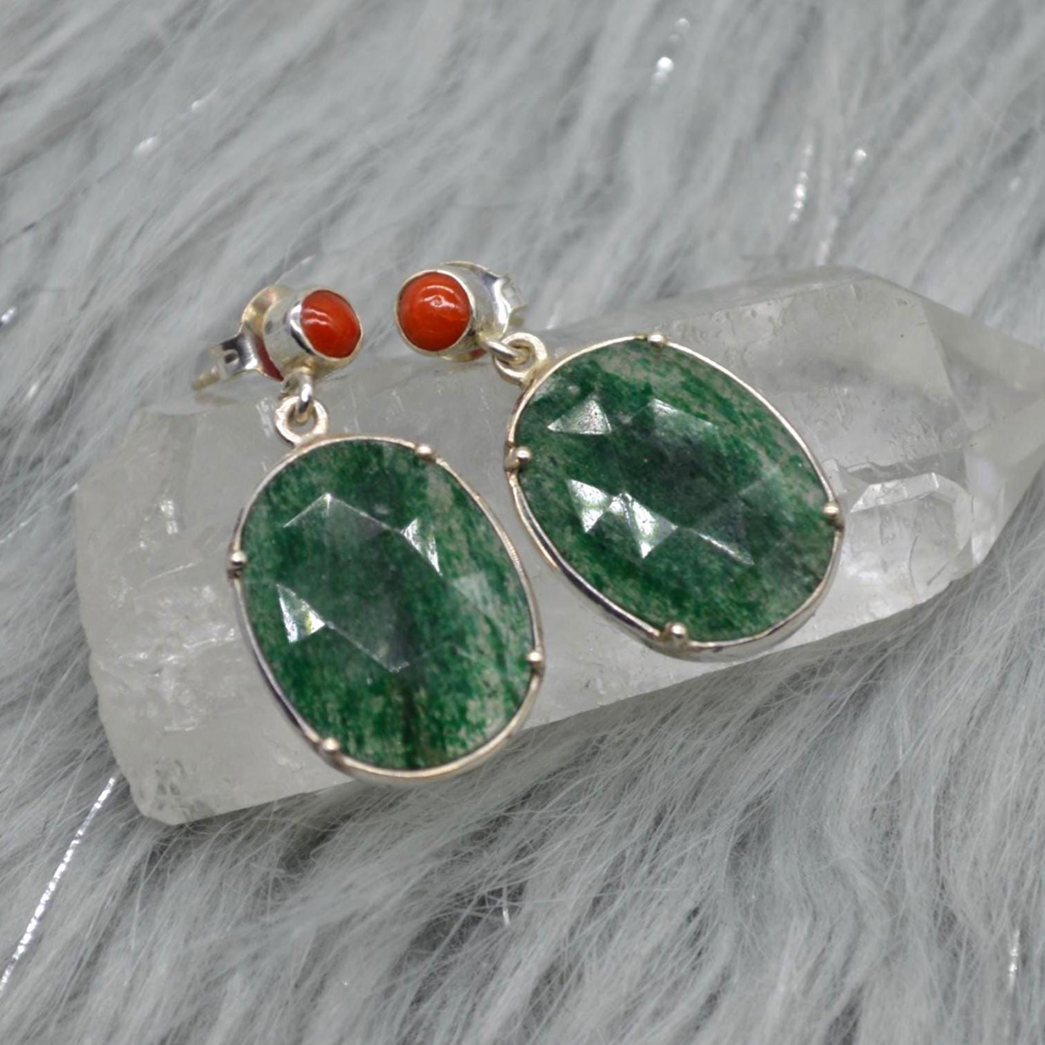 Green Aventurine, Red Coral Silver Earrings, Oval Dangle Drop Earrings, Green Gemstone, Unique Handmade Sterling Silver Earrings For Her