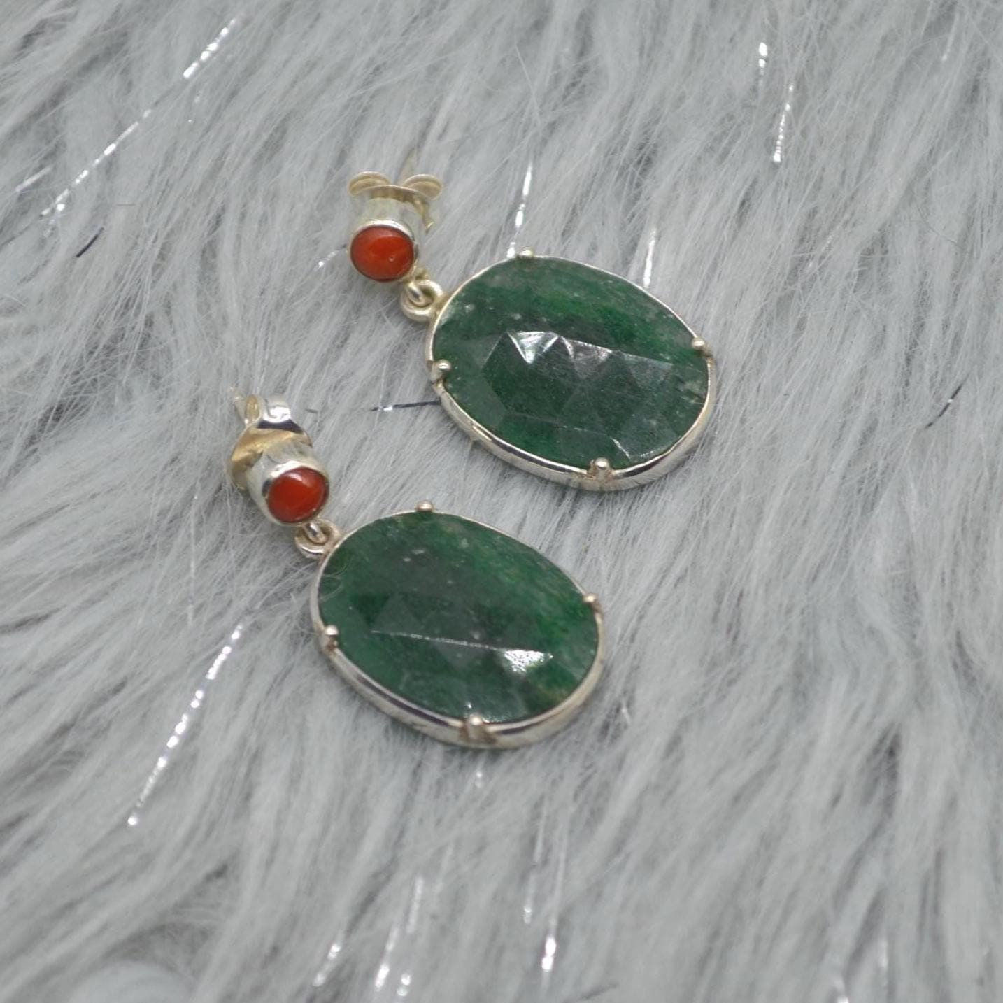 Green Aventurine, Red Coral Silver Earrings, Oval Dangle Drop Earrings, Green Gemstone, Unique Handmade Sterling Silver Earrings For Her